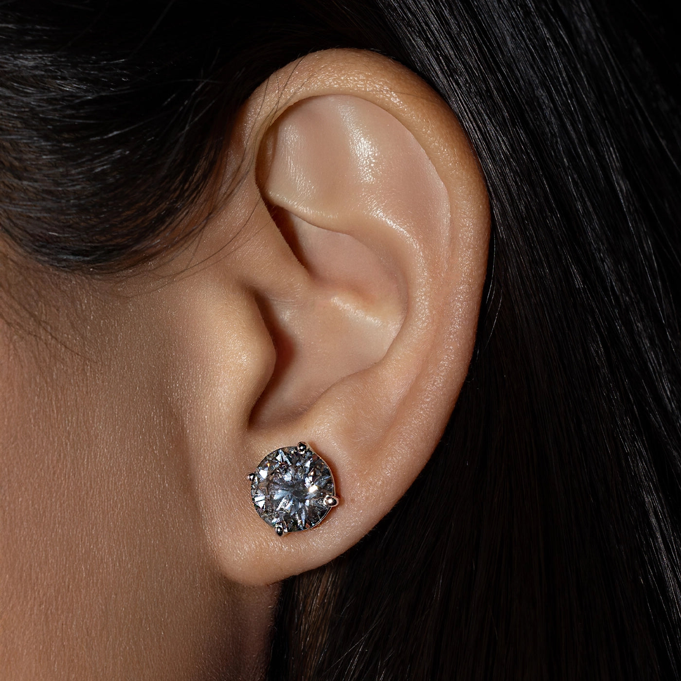 3ct Round lab diamonds Solitaire Earrings worn by the model