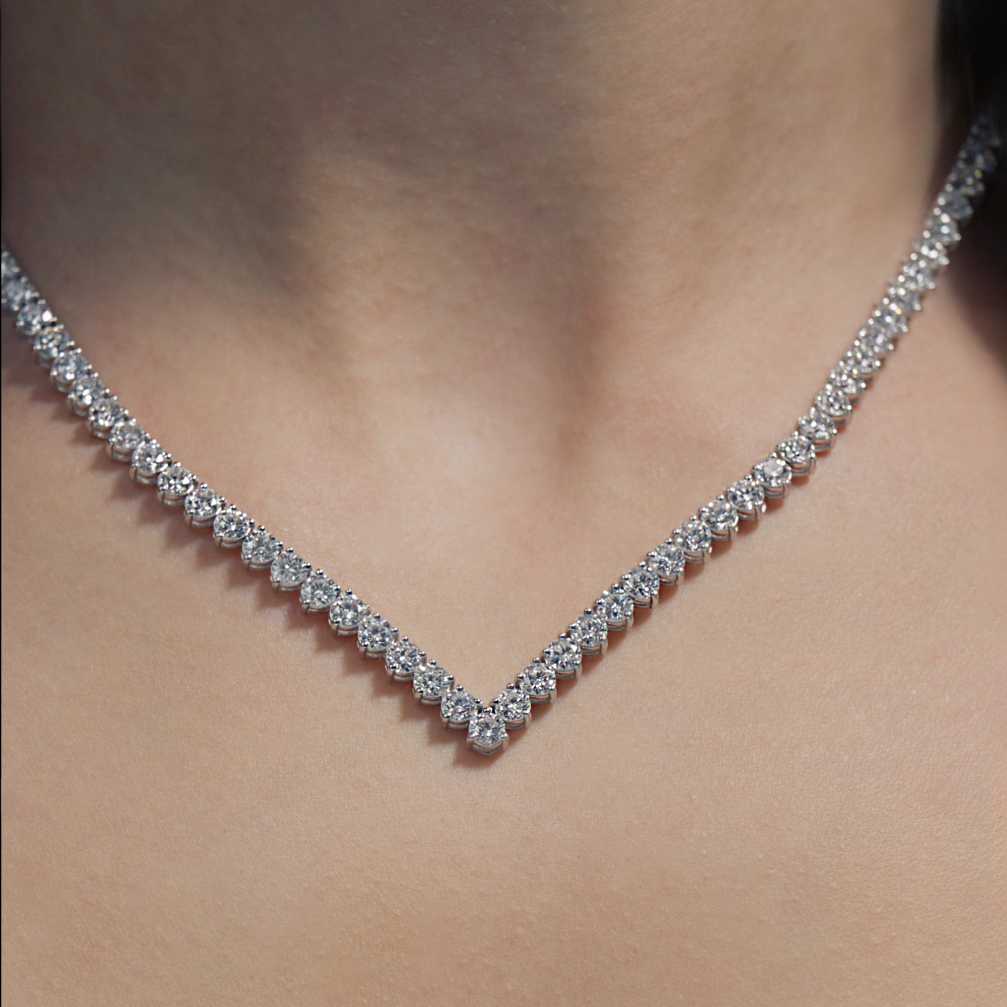9.75ct Round Lab Diamond Tennis Necklace on model's neck 