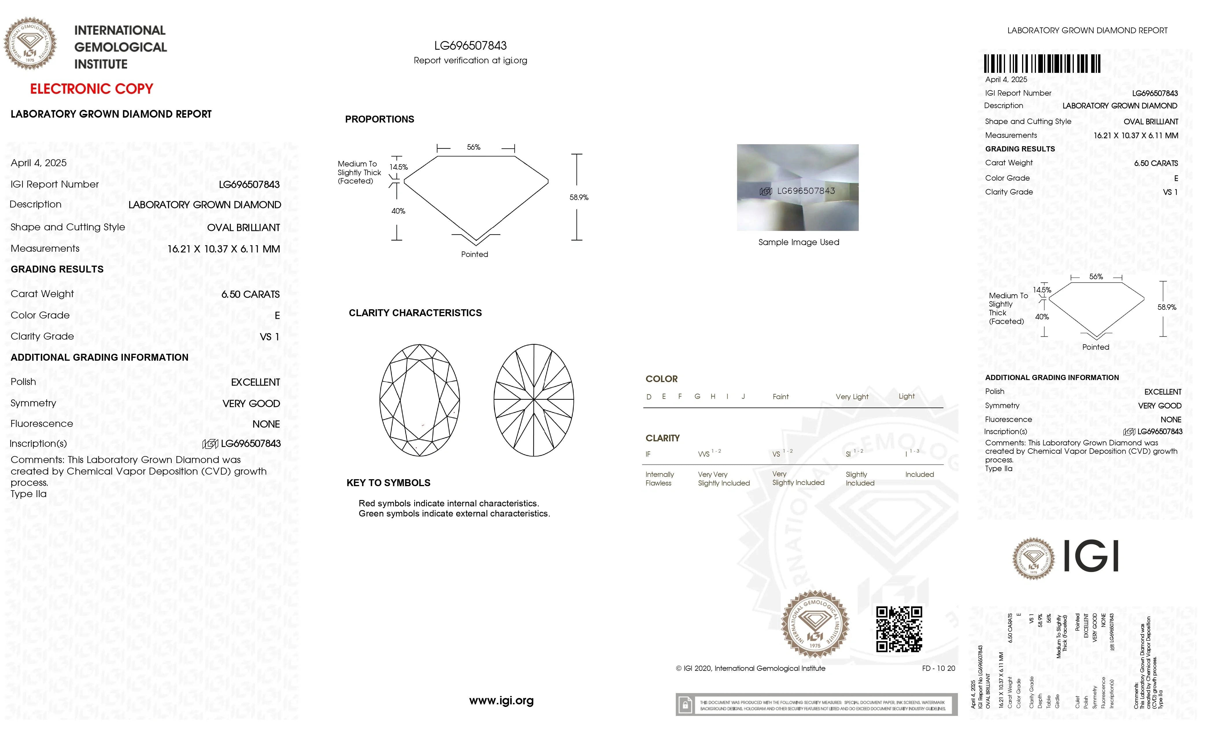 6.5ct E VS1 Oval Lab Diamond, IGI Certificate