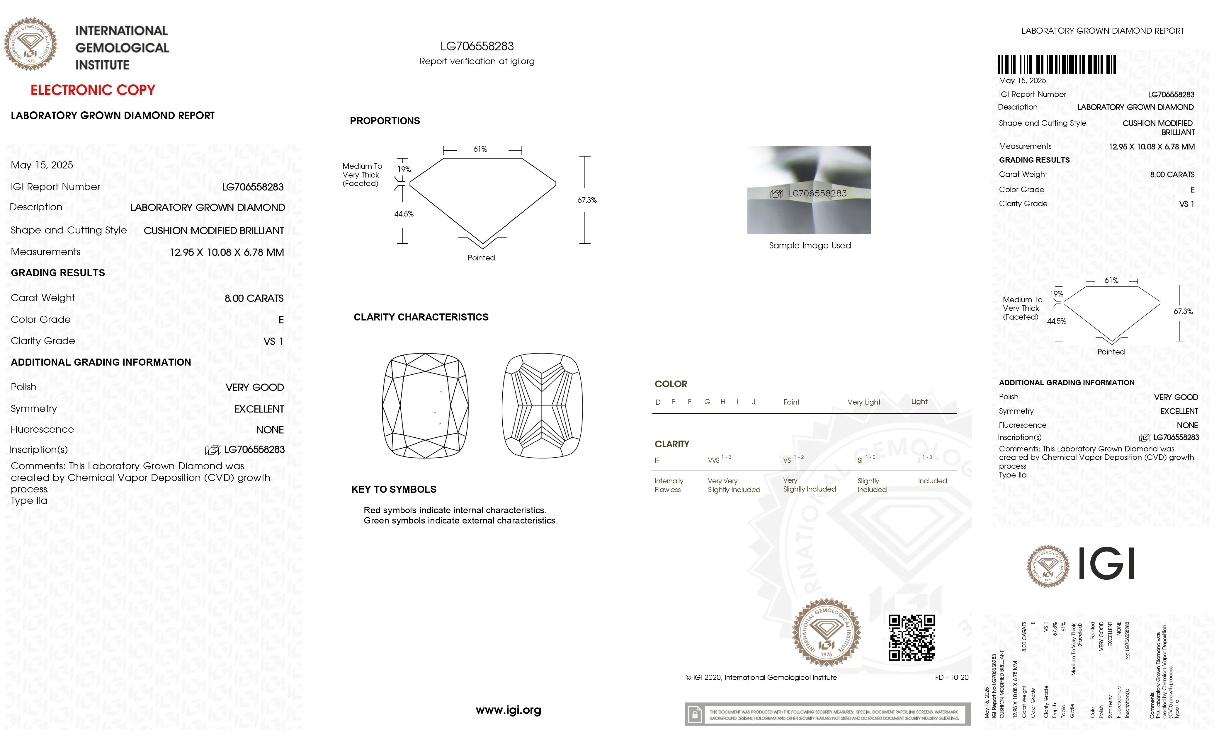 8ct E VS1 Cushion Lab Diamond, IGI Certificate