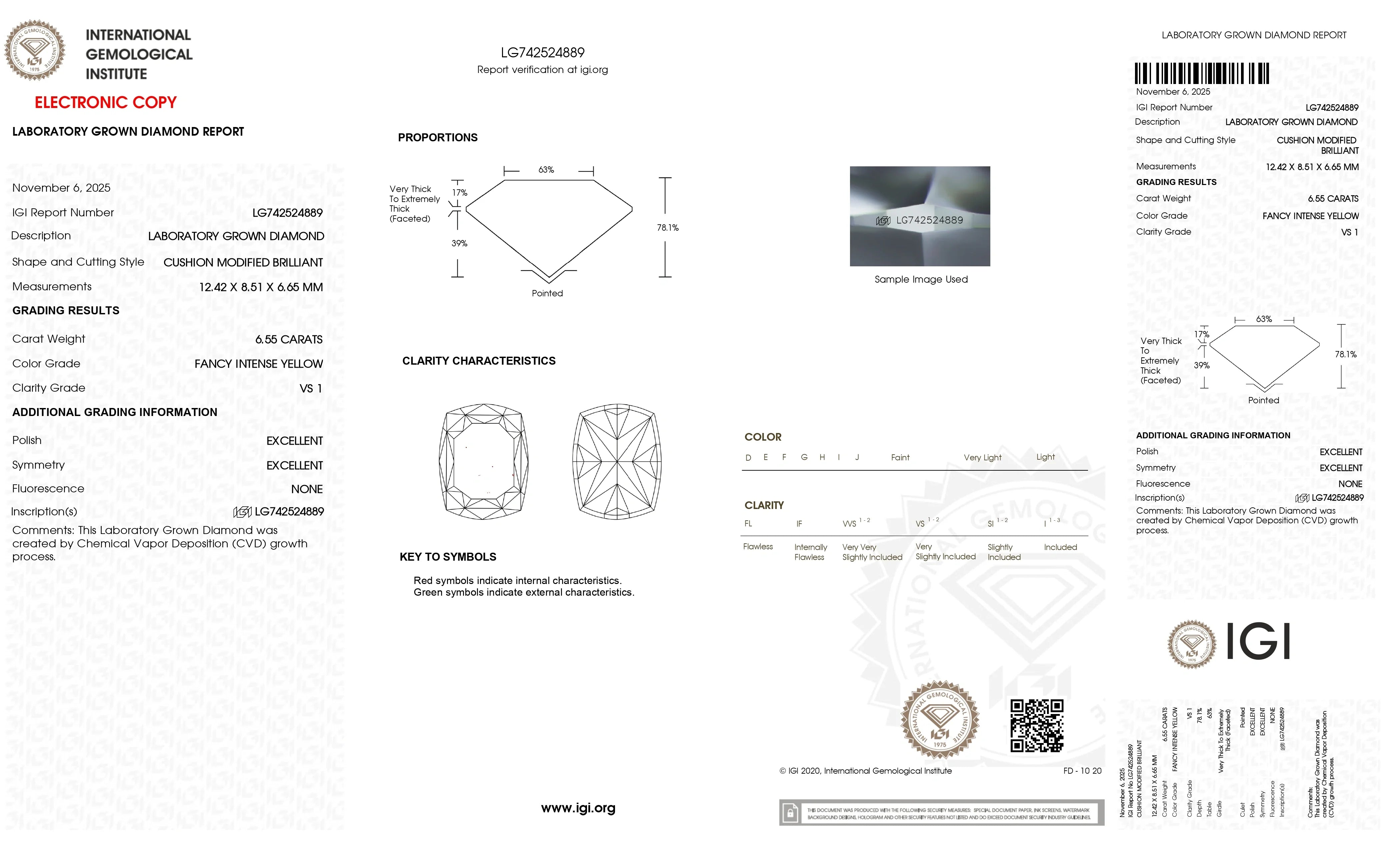 6.55ct Fancy Intense Yellow VS1 Cushion Lab Diamond, IGI Certificate