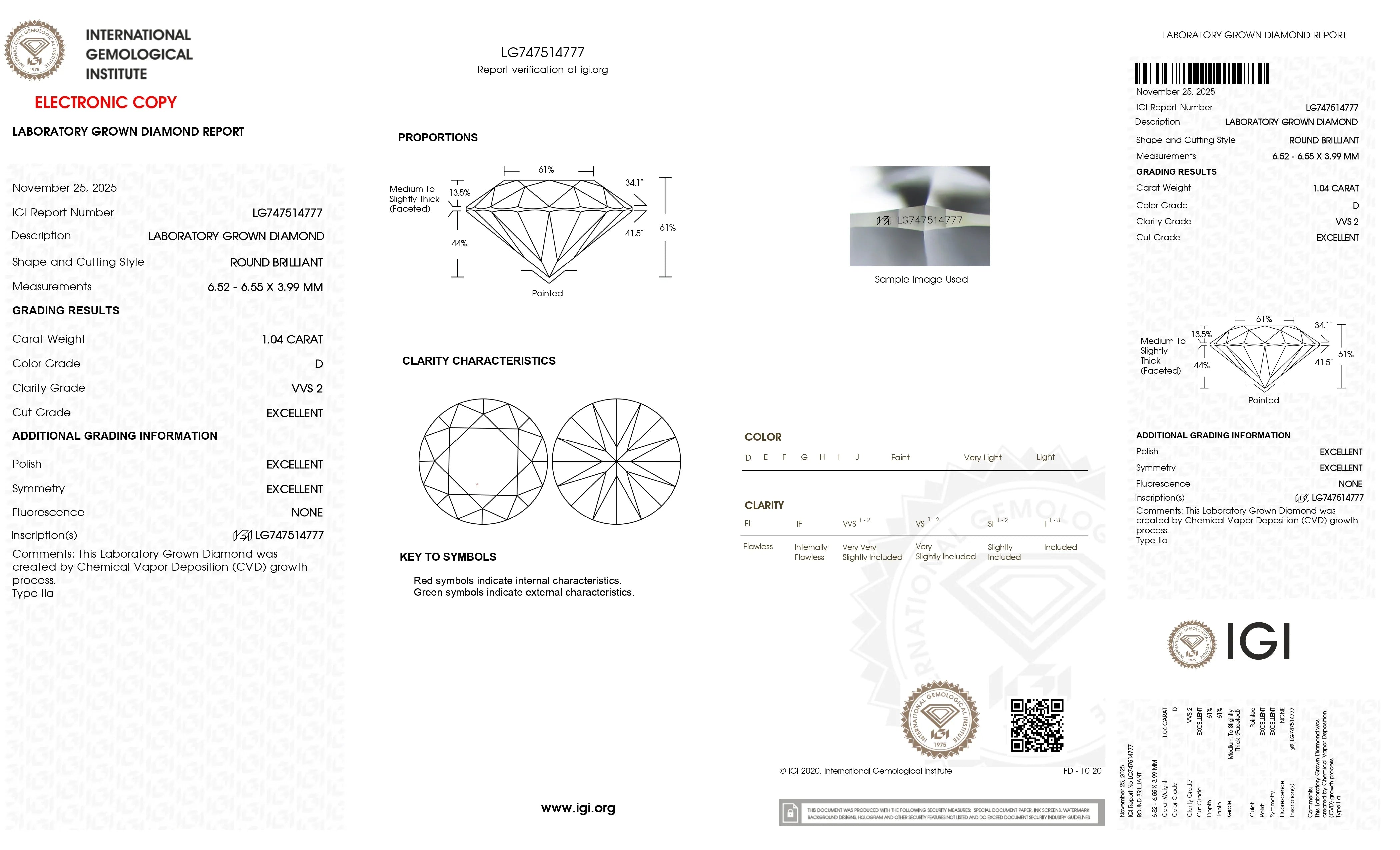1.04ct D VVS2 Round Lab Diamond, IGI Certificate