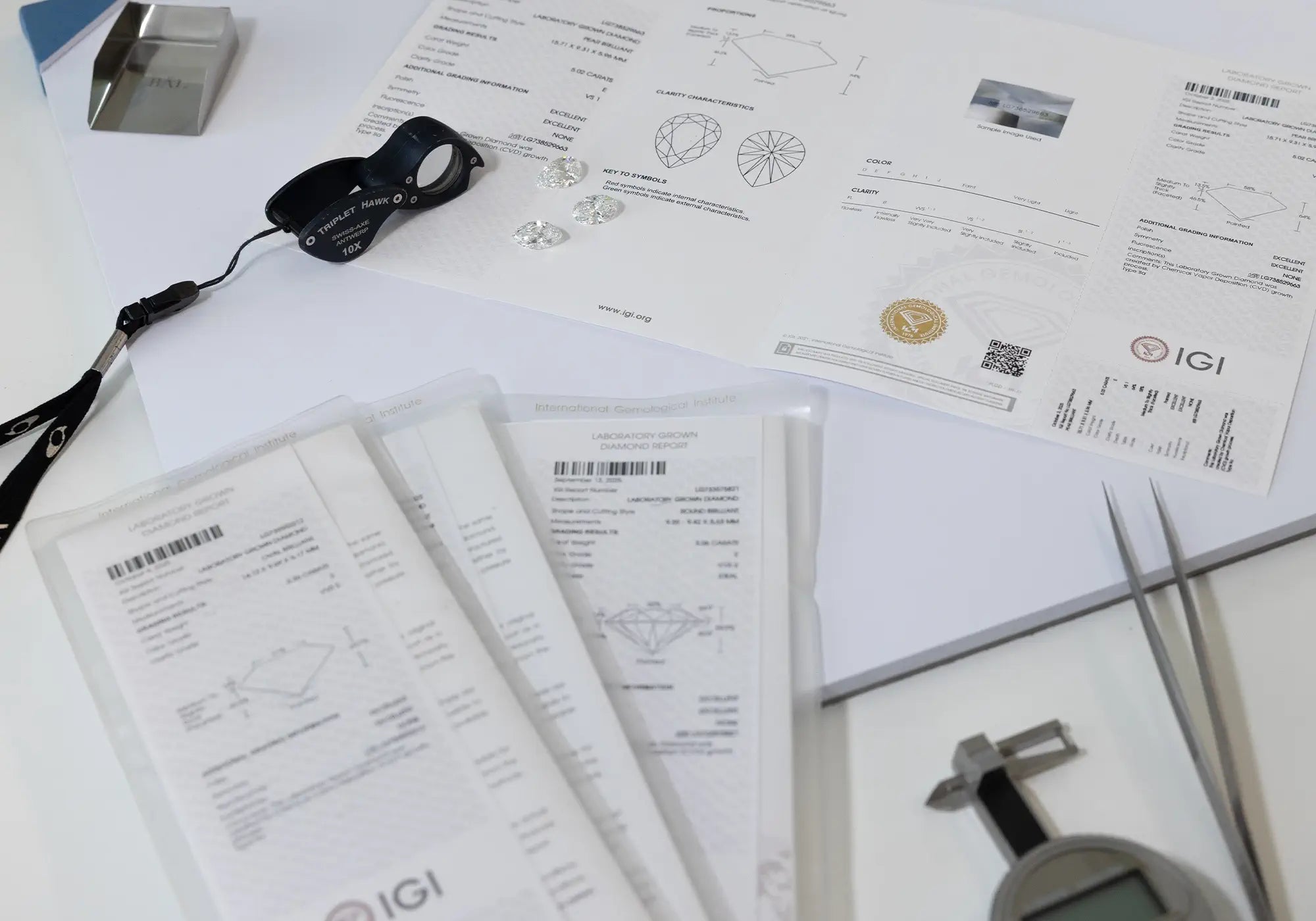A complete set-up of tools and certification for loose lab-grown diamonds for quality control and authentication 