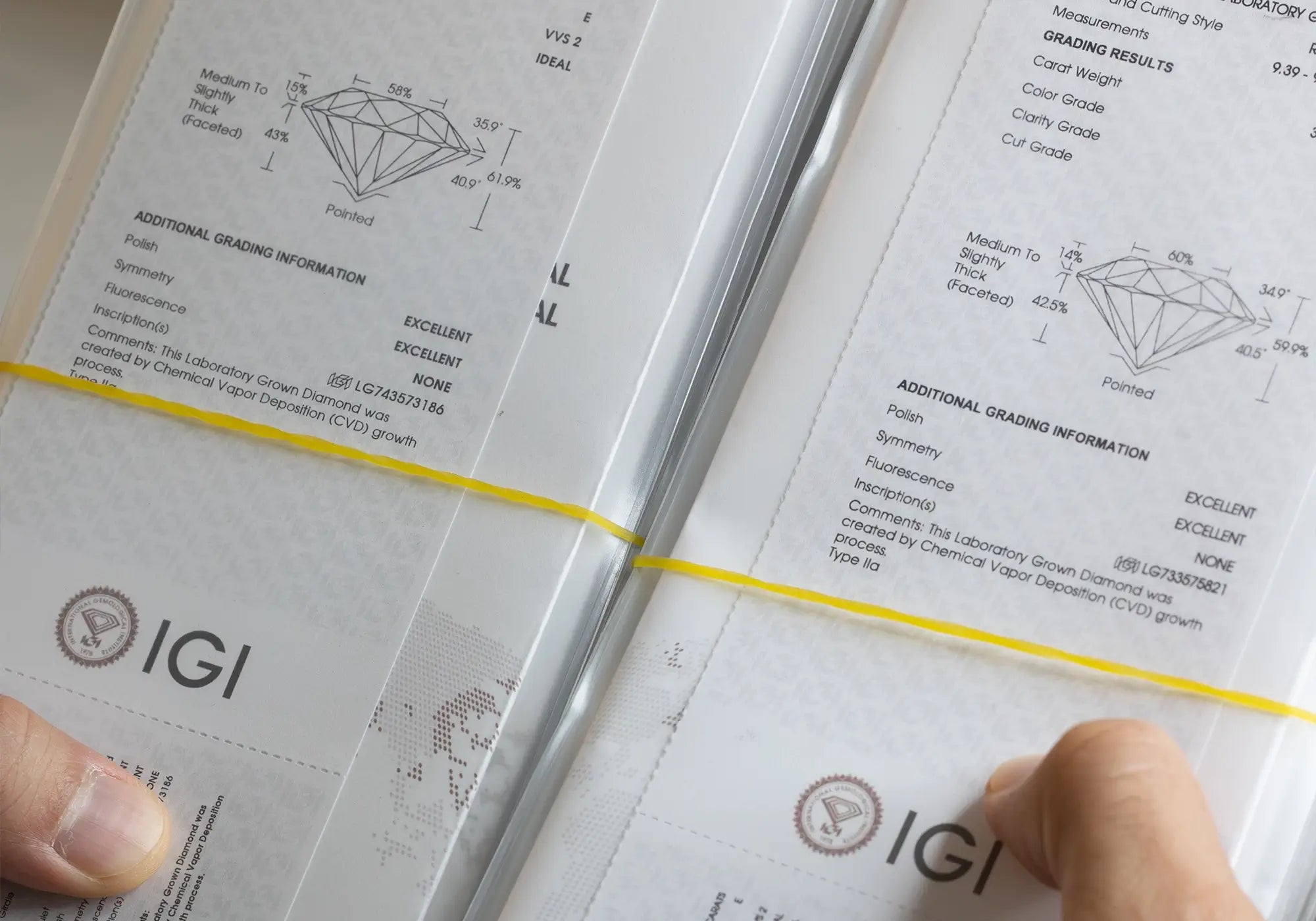 Stacks of IGI diamond grading reports are bundled together with a yellow band. Hands holding the reports. 