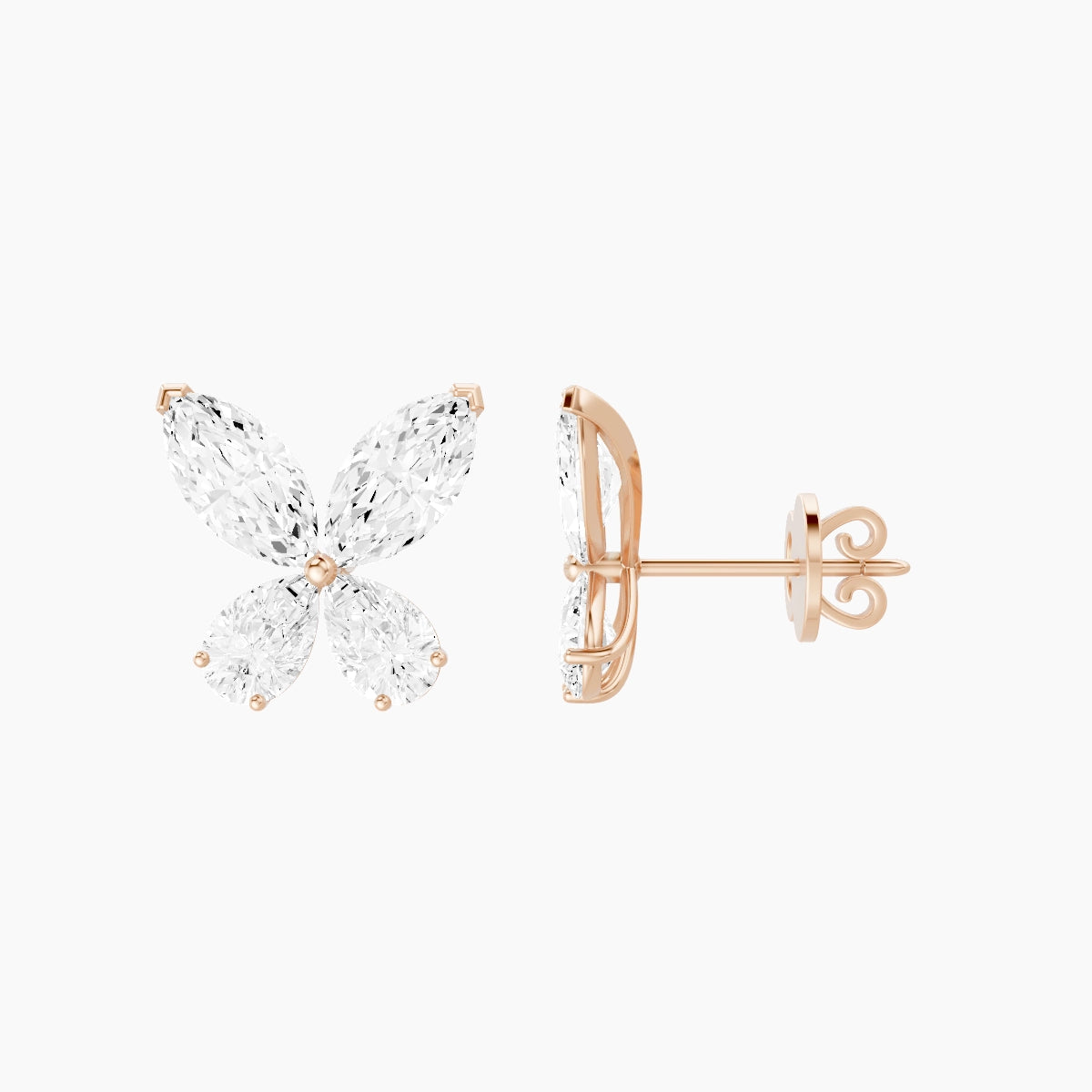 18k Rose Gold Marquise White Lab Diamond Pear Butterfly Stud Earrings | 4.6 ct total