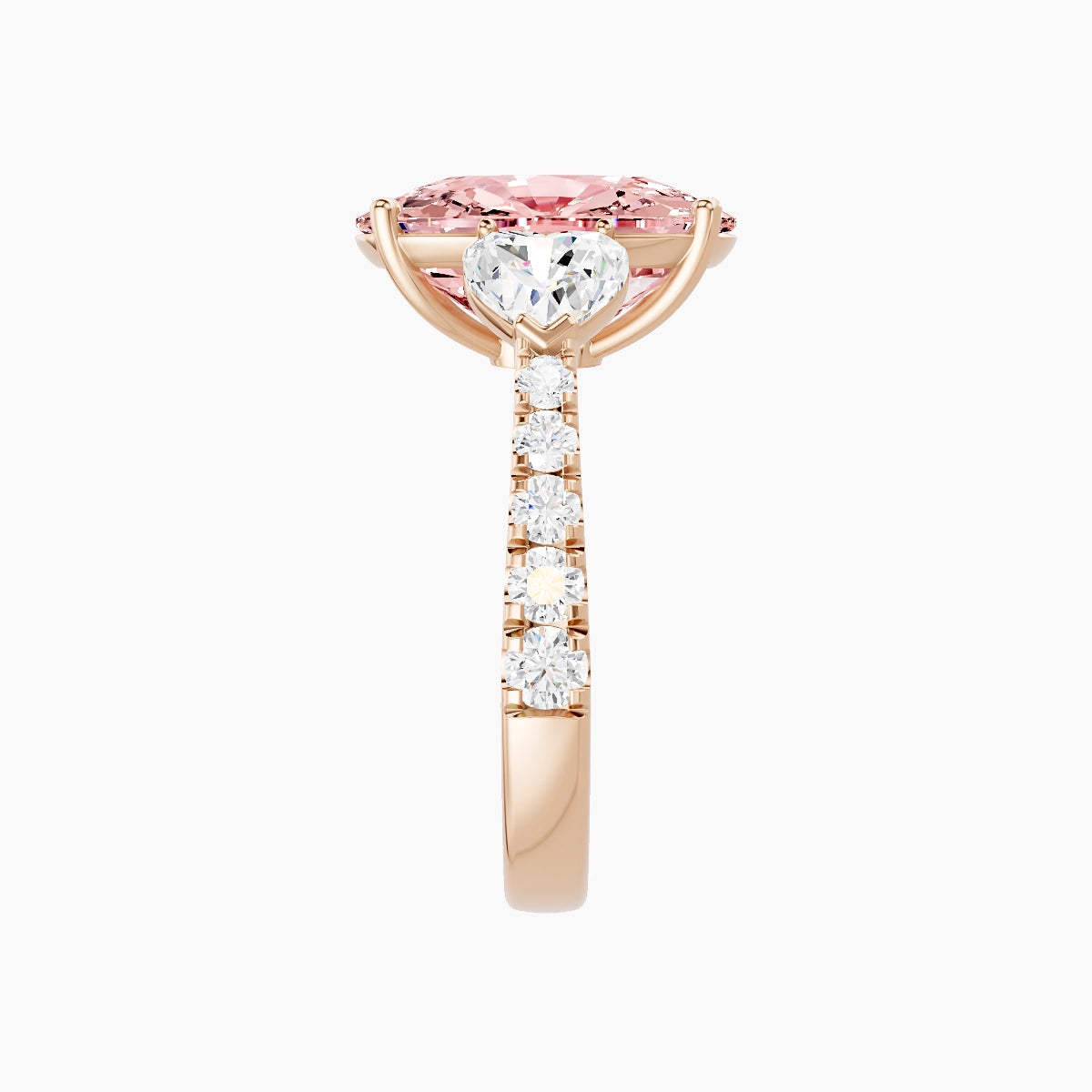 Classic Heart Trilogy with Reverse Shank | 18k Rose Gold 5 ct Cushion Pink Lab Diamond Ring