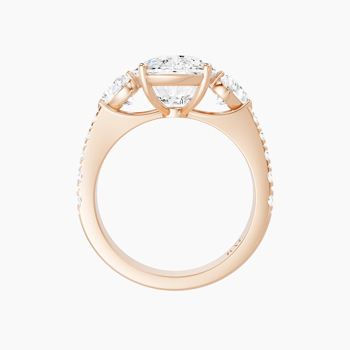 Classic Heart Trilogy with Reverse Shank | 18k Rose Gold 5 ct Cushion White Lab Diamond Ring