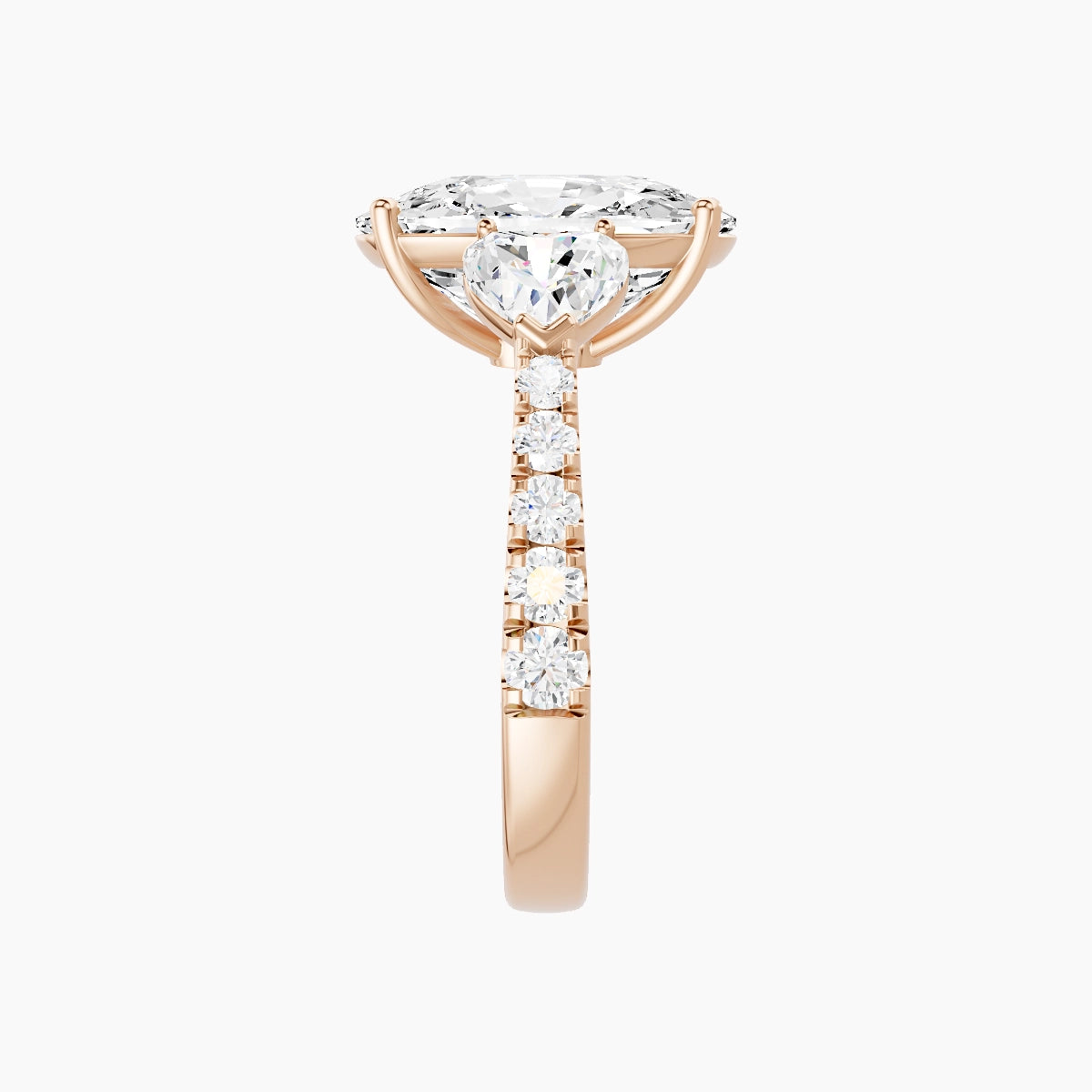 Classic Heart Trilogy with Reverse Shank | 18k Rose Gold 5 ct Cushion White Lab Diamond Ring