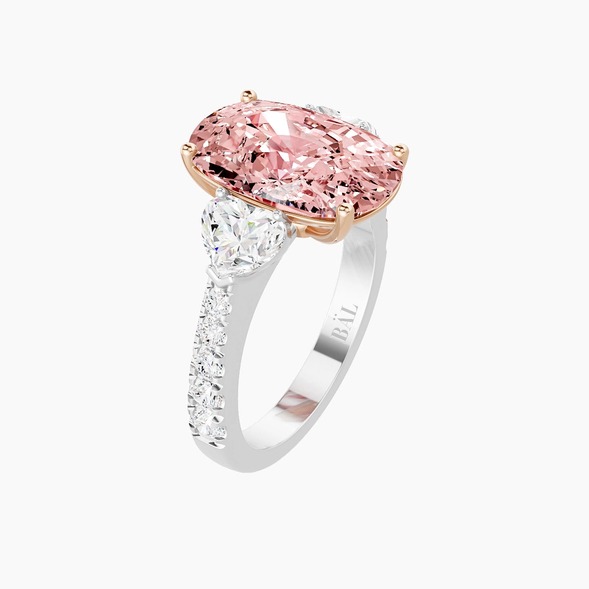 Classic Heart Trilogy with Reverse Shank | 18k White & Rose Gold 5 ct Cushion Pink Lab Diamond Ring