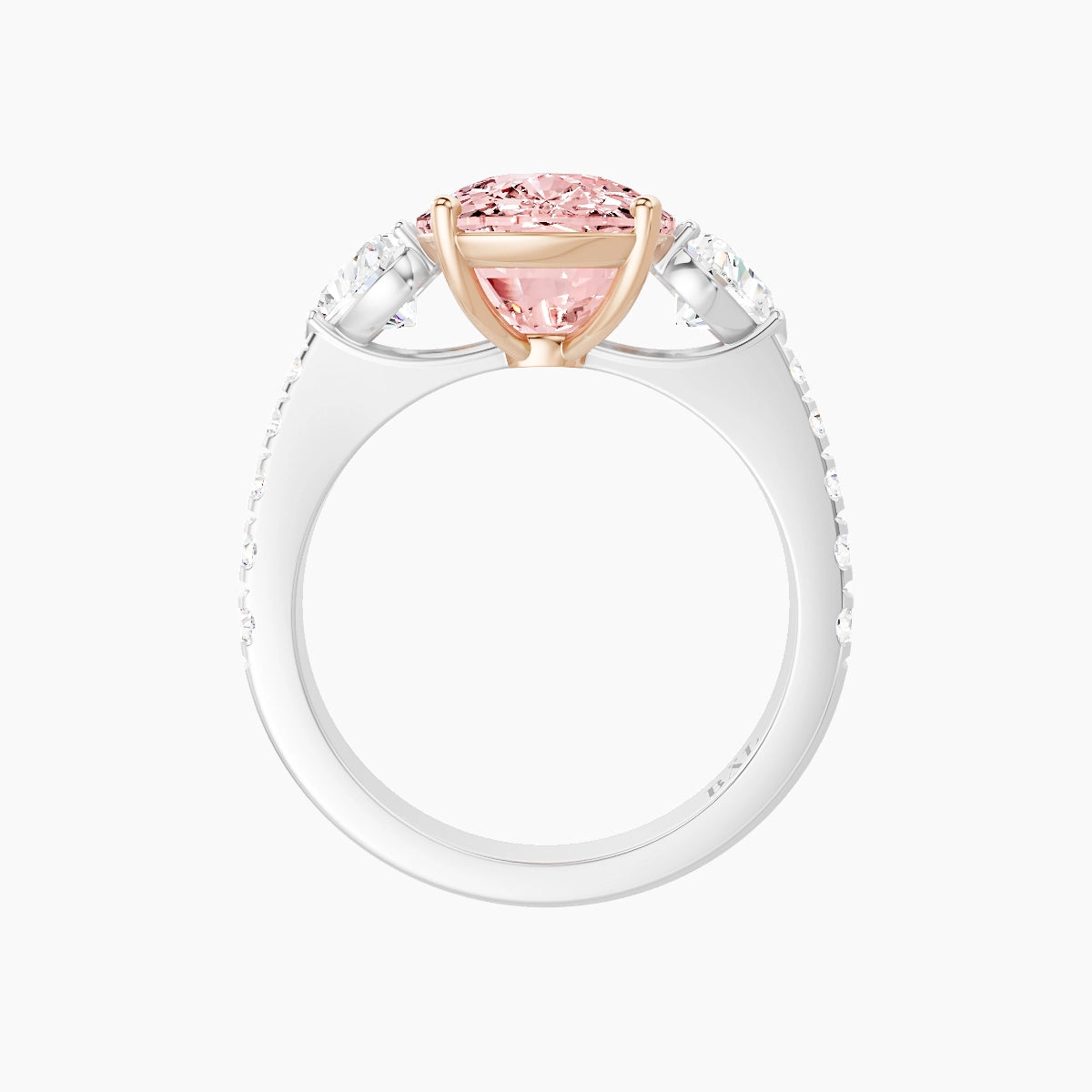 Classic Heart Trilogy with Reverse Shank | 18k White & Rose Gold 5 ct Cushion Pink Lab Diamond Ring