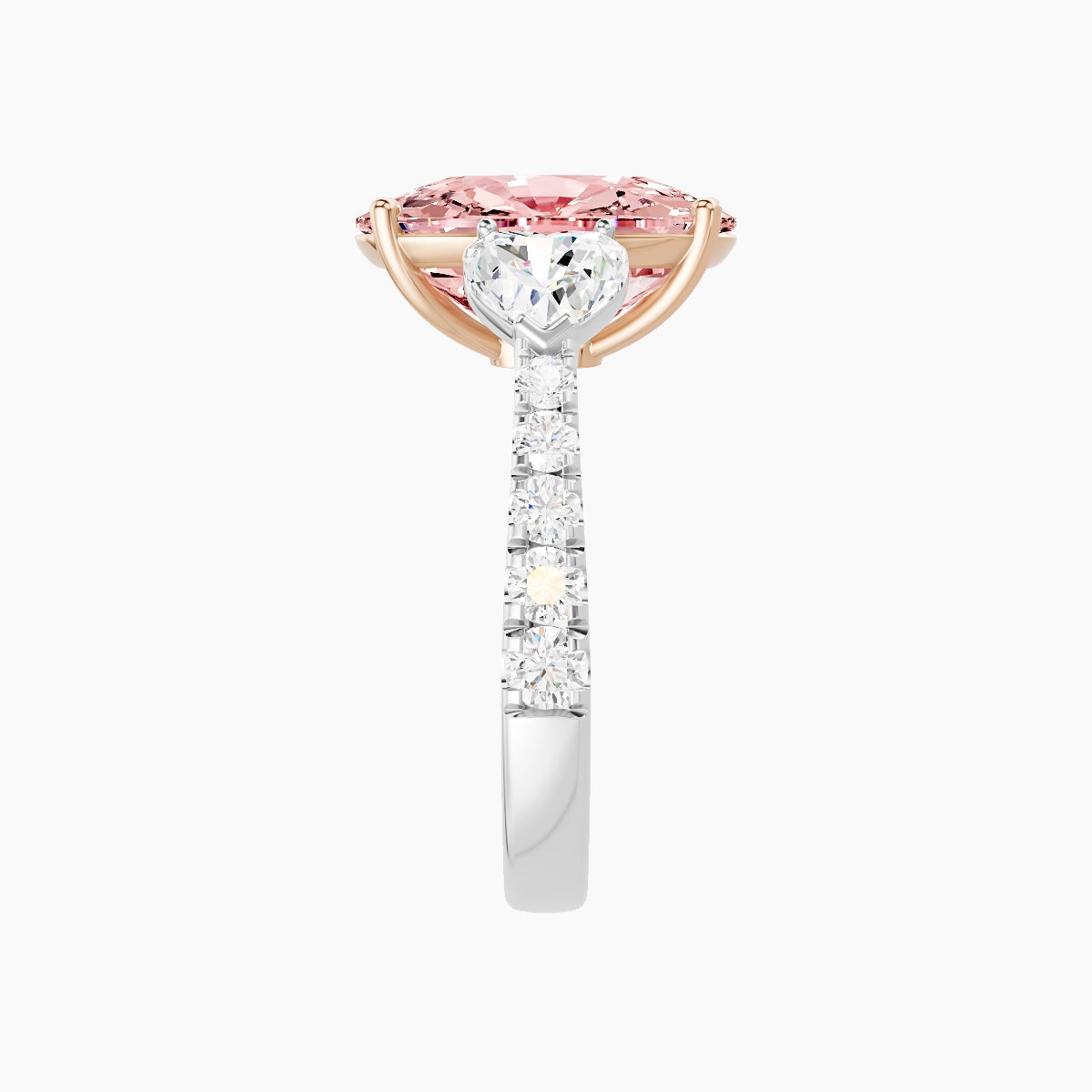 Classic Heart Trilogy with Reverse Shank | 18k White & Rose Gold 5 ct Cushion Pink Lab Diamond Ring