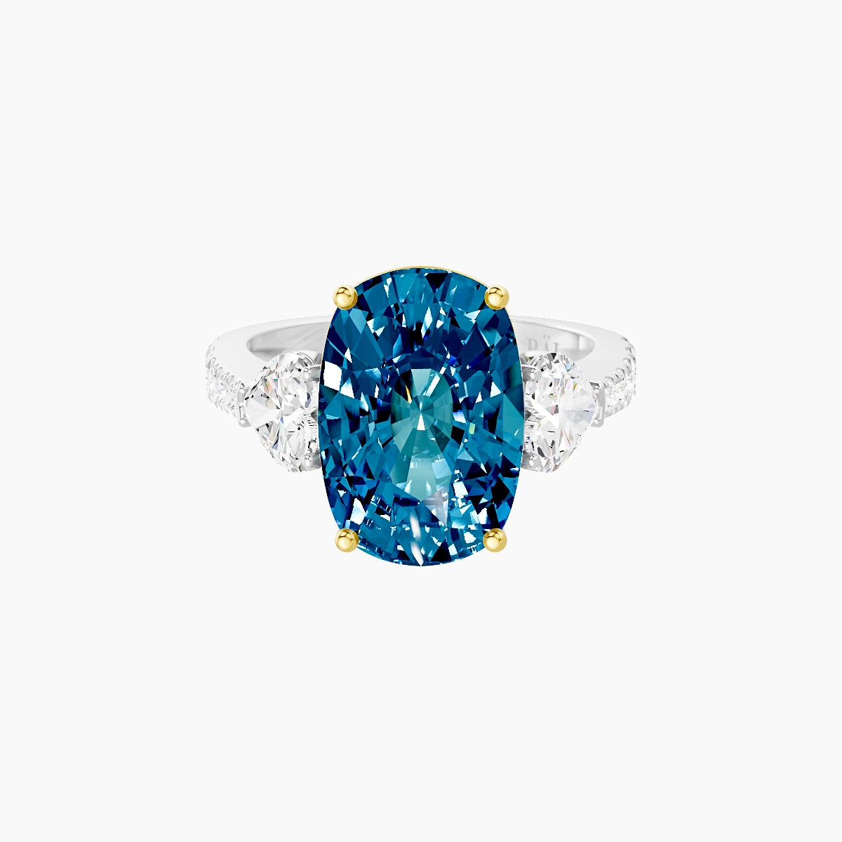 Classic Heart Trilogy with Reverse Shank | 18k White & Yellow Gold 5 ct Cushion Blue Lab Diamond Ring