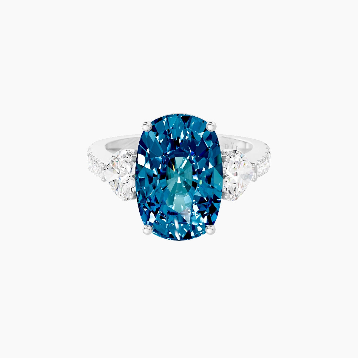 Classic Heart Trilogy with Reverse Shank | 18k White Gold 5 ct Cushion Blue Lab Diamond Ring