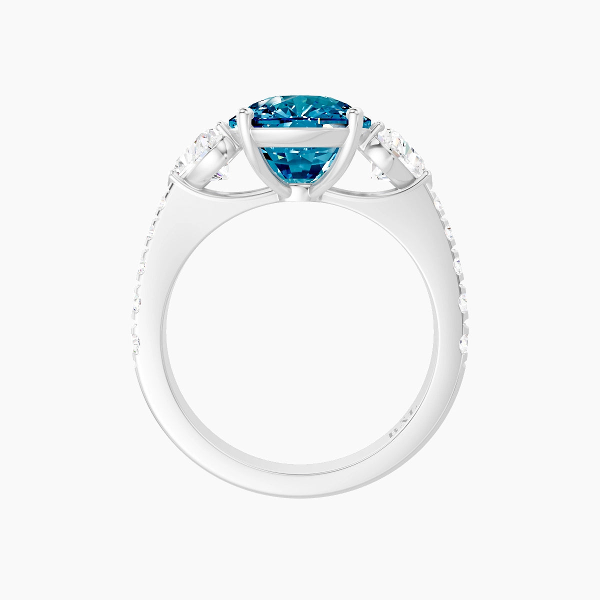Classic Heart Trilogy with Reverse Shank | 18k White Gold 5 ct Cushion Blue Lab Diamond Ring