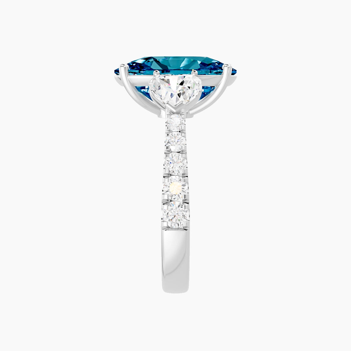 Classic Heart Trilogy with Reverse Shank | 18k White Gold 5 ct Cushion Blue Lab Diamond Ring