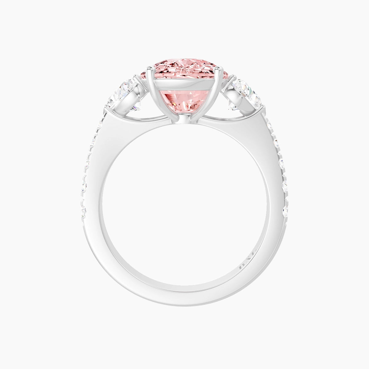 Classic Heart Trilogy with Reverse Shank | 18k White Gold 5 ct Cushion Pink Lab Diamond Ring