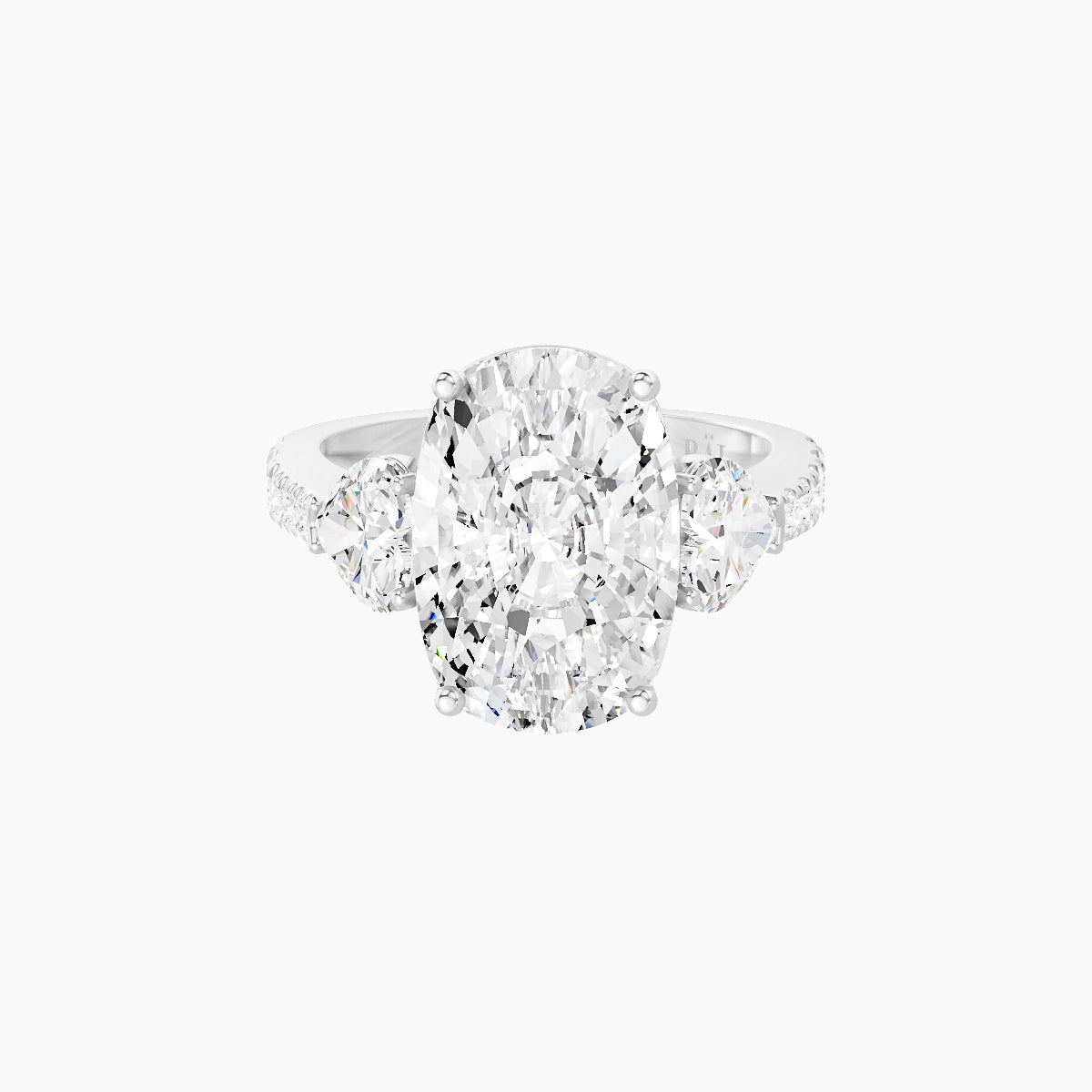 Classic Heart Trilogy with Reverse Shank | 18k White Gold 5 ct Cushion White Lab Diamond Ring