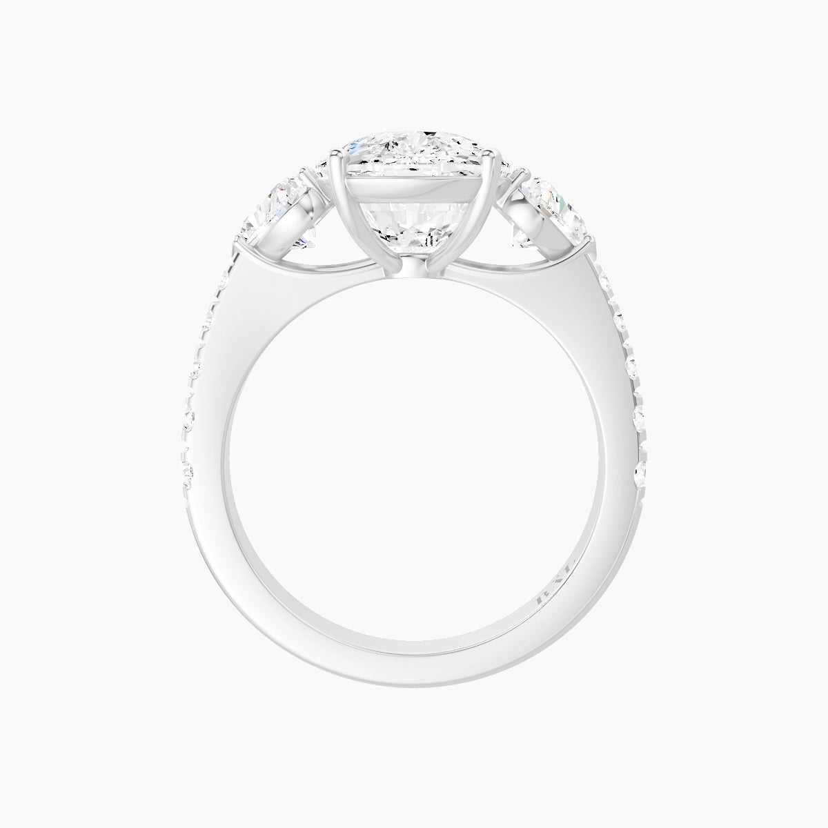 Classic Heart Trilogy with Reverse Shank | 18k White Gold 5 ct Cushion White Lab Diamond Ring