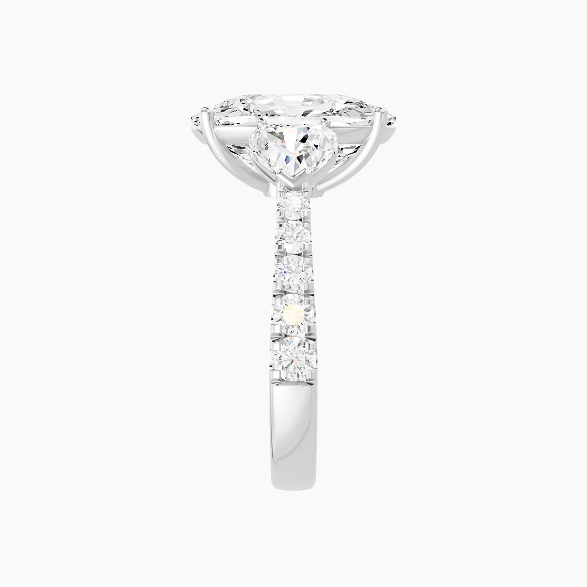 Classic Heart Trilogy with Reverse Shank | 18k White Gold 5 ct Cushion White Lab Diamond Ring