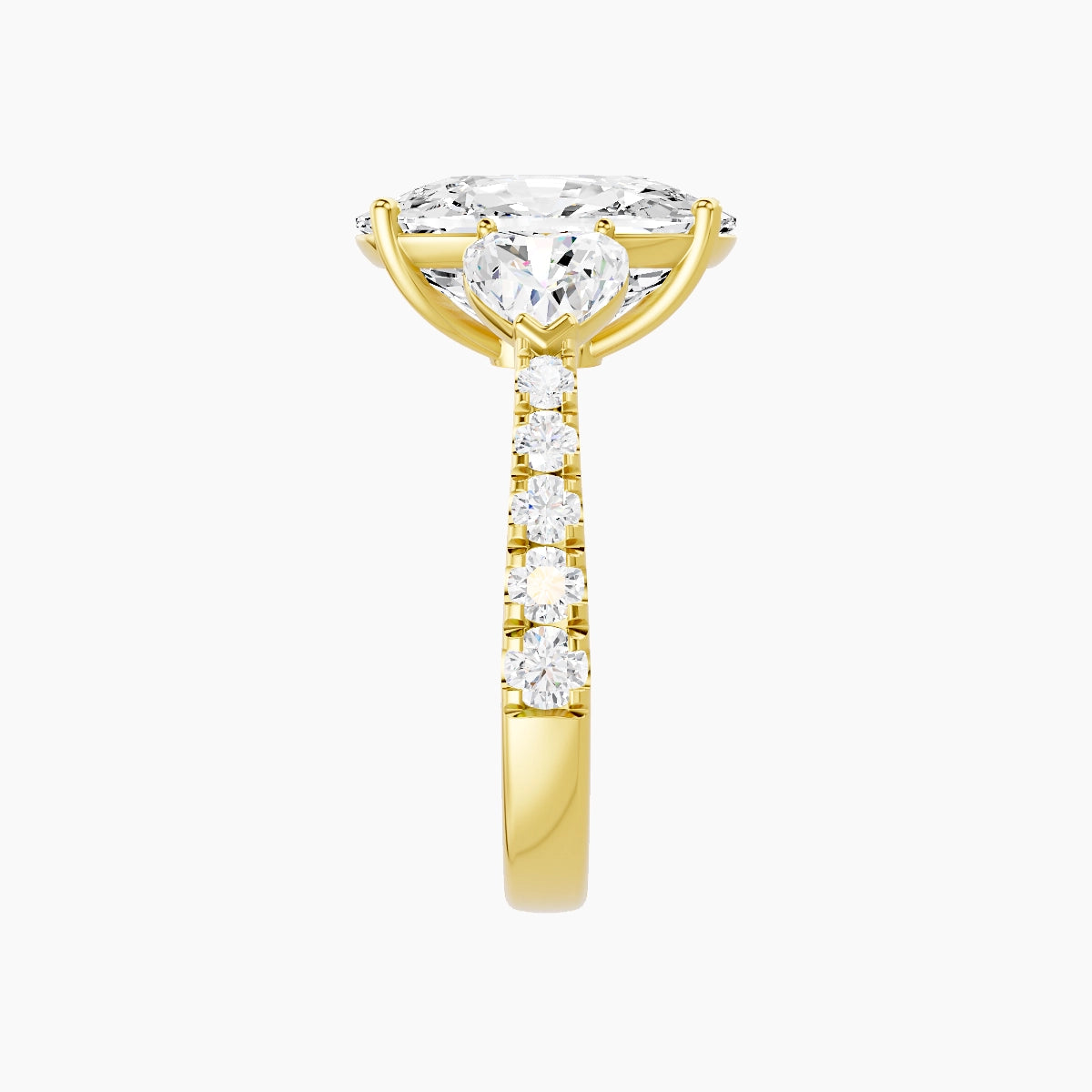 Classic Heart Trilogy with Reverse Shank | 18k Yellow Gold 5 ct Cushion White Lab Diamond Ring