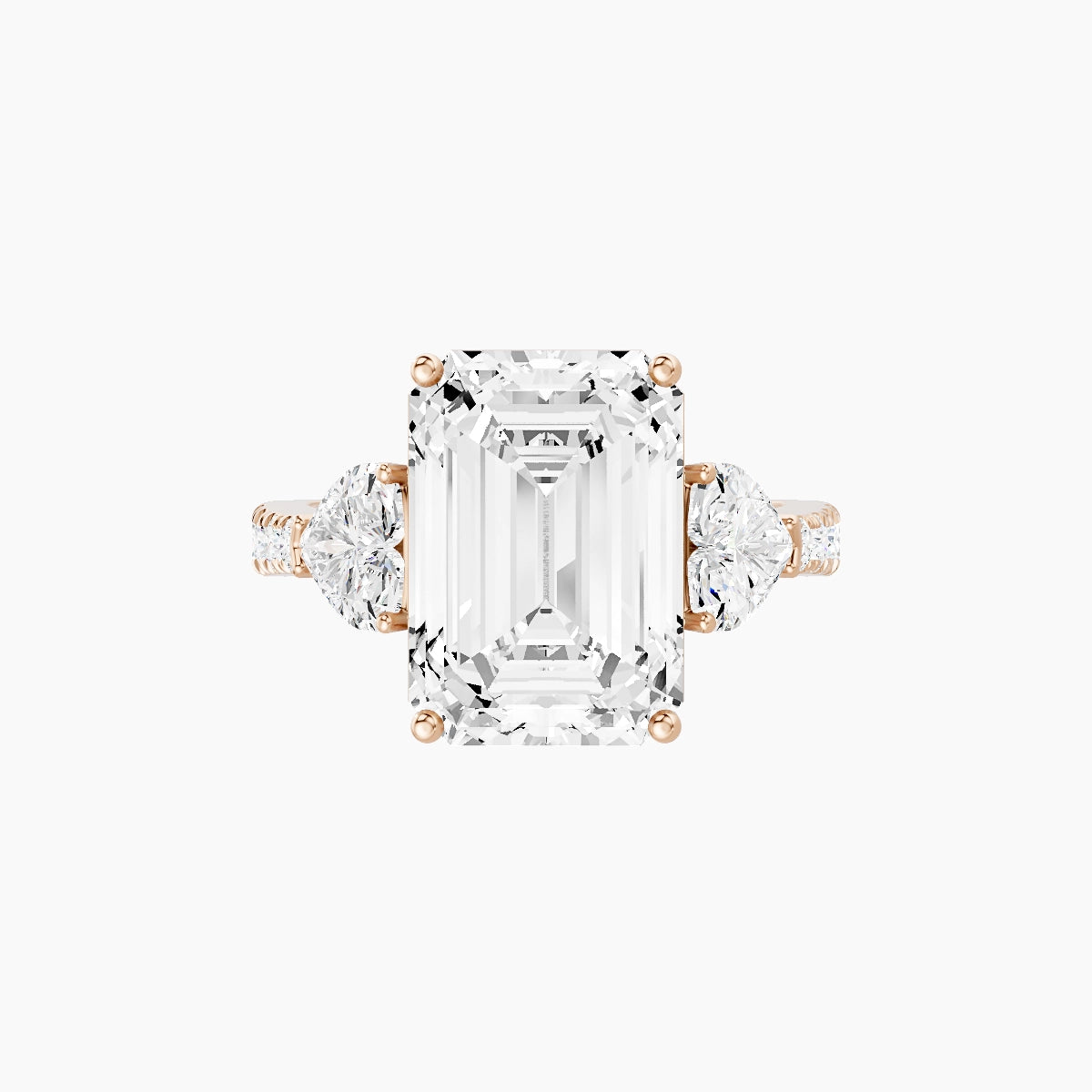 Classic Heart Trilogy with Reverse Shank | 18k Rose Gold 5 ct Emerald White Lab Diamond Ring