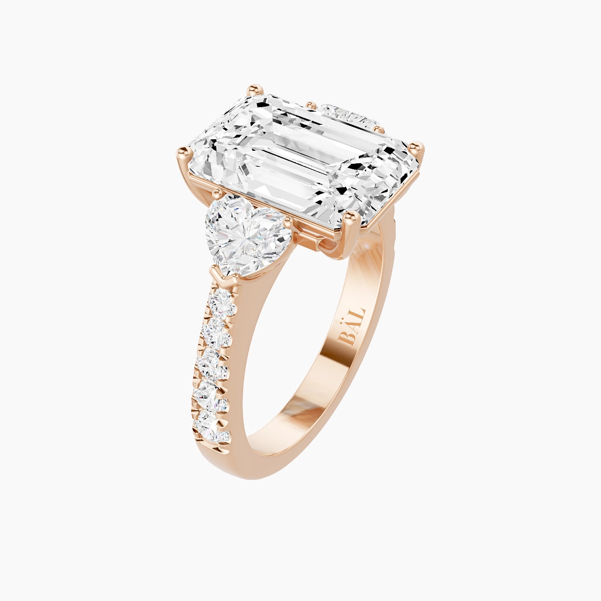 Classic Heart Trilogy with Reverse Shank | 18k Rose Gold 5 ct Emerald White Lab Diamond Ring