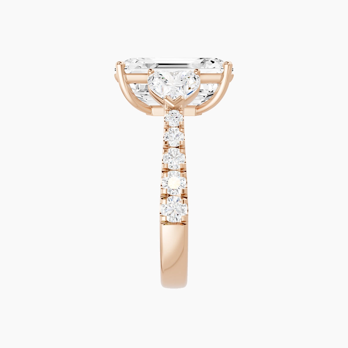 Classic Heart Trilogy with Reverse Shank | 18k Rose Gold 5 ct Emerald White Lab Diamond Ring