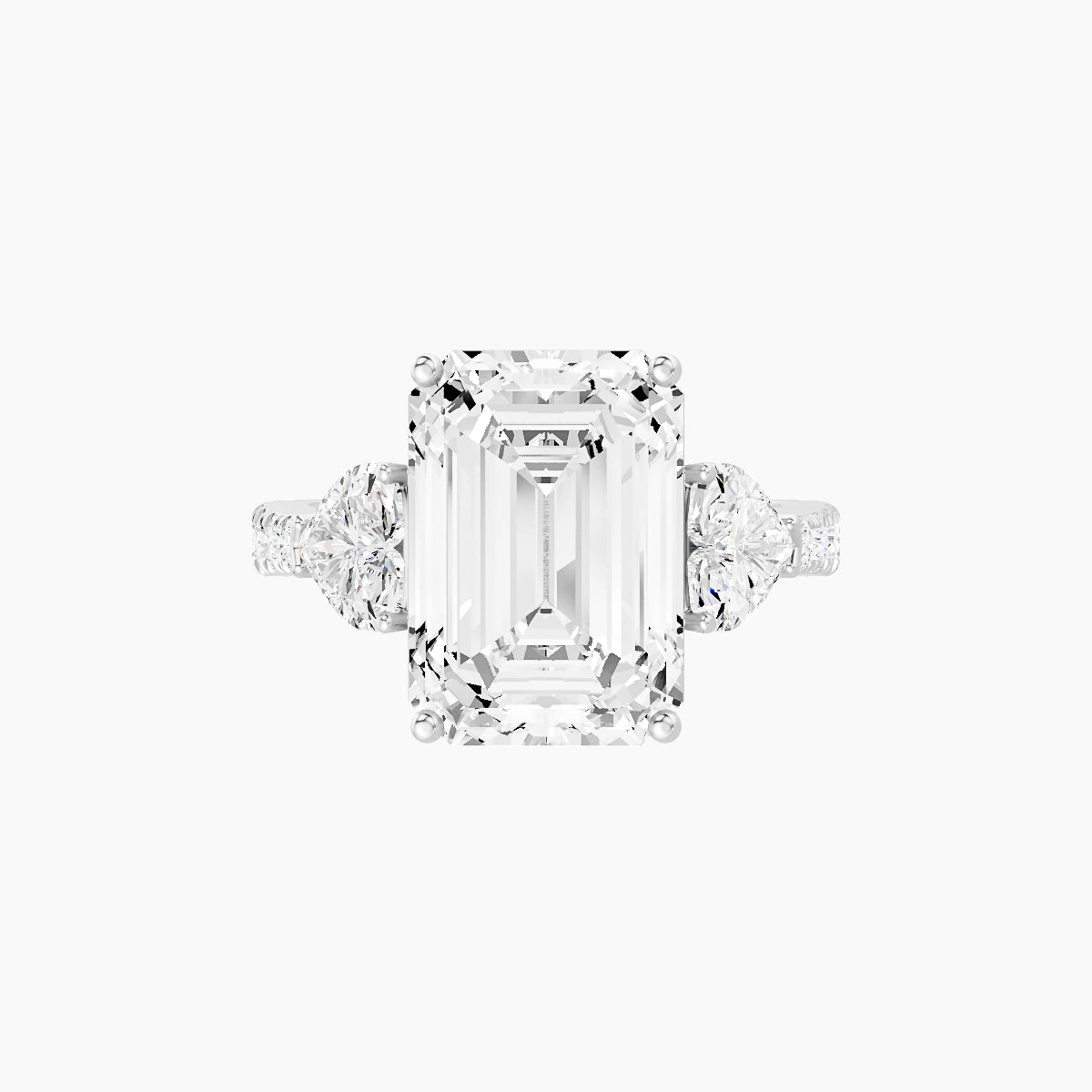 Classic Heart Trilogy with Reverse Shank | 18k White Gold 5 ct Emerald White Lab Diamond Ring