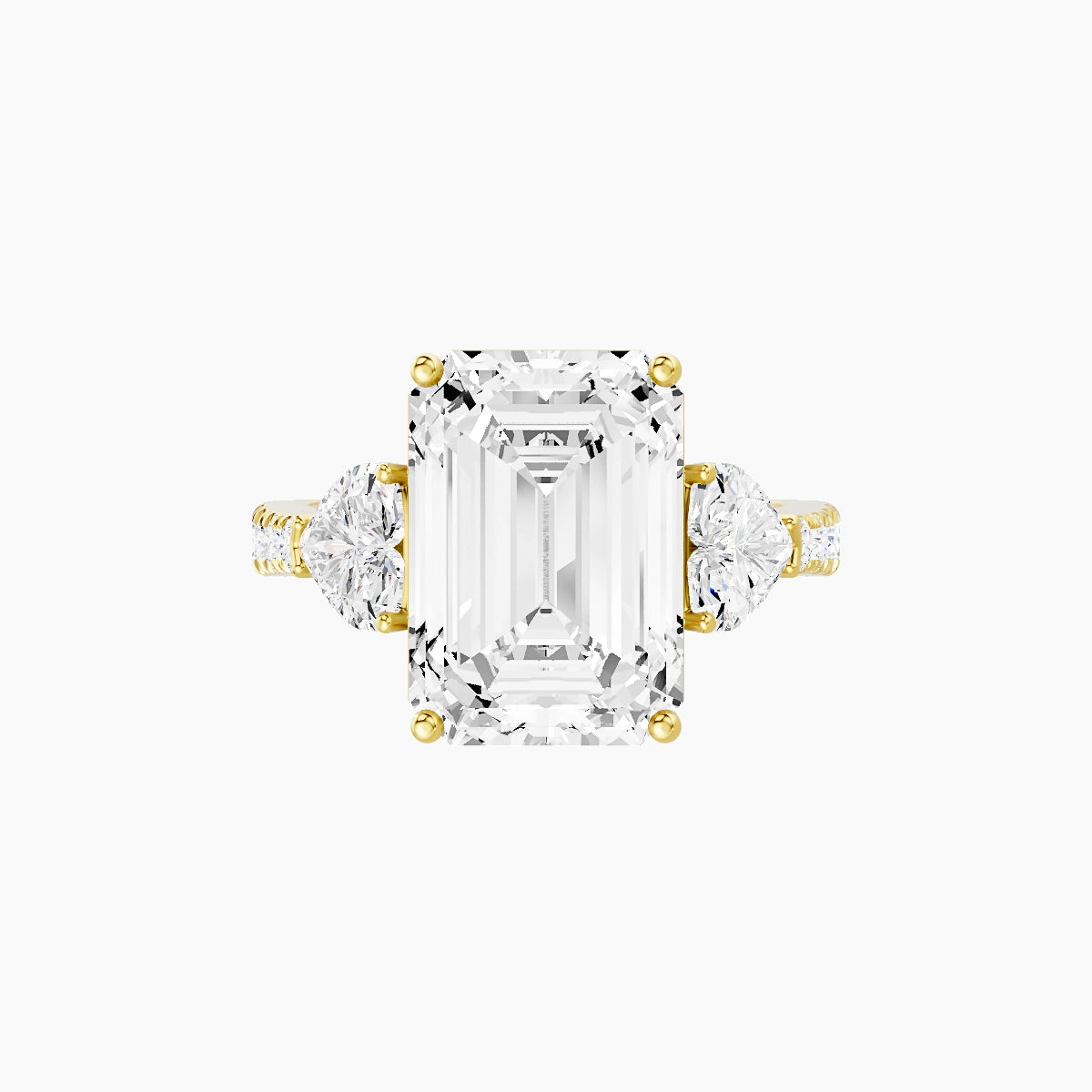 Classic Heart Trilogy with Reverse Shank | 18k Yellow Gold 5 ct Emerald White Lab Diamond Ring