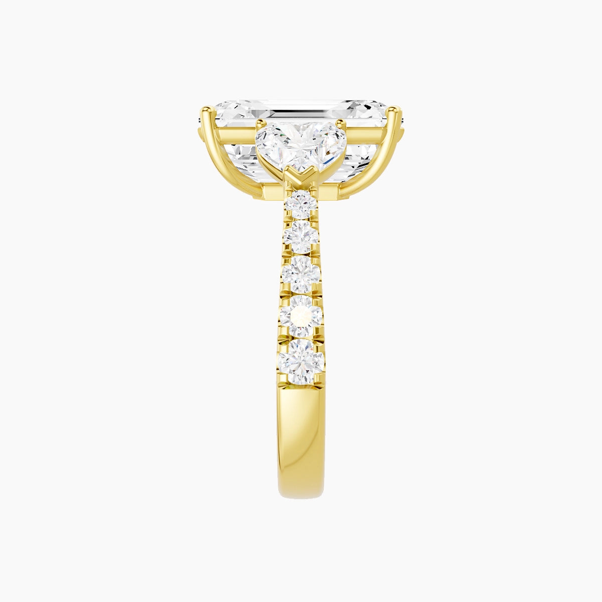 Classic Heart Trilogy with Reverse Shank | 18k Yellow Gold 5 ct Emerald White Lab Diamond Ring