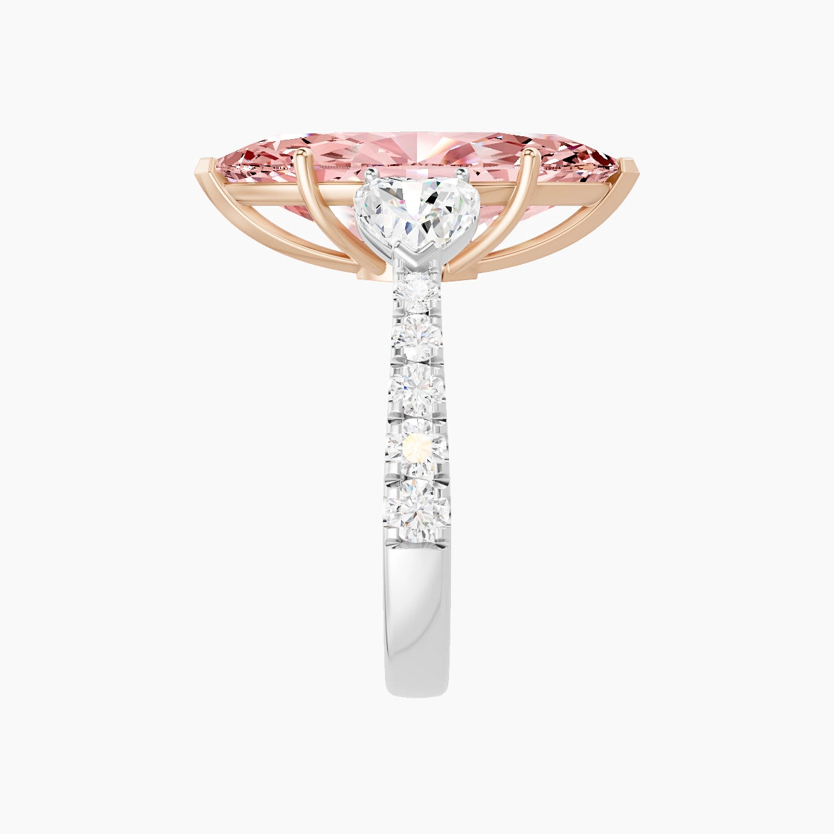 Classic Heart Trilogy with Reverse Shank | 18k White & Rose Gold 5 ct Marquise Pink Lab Diamond Ring