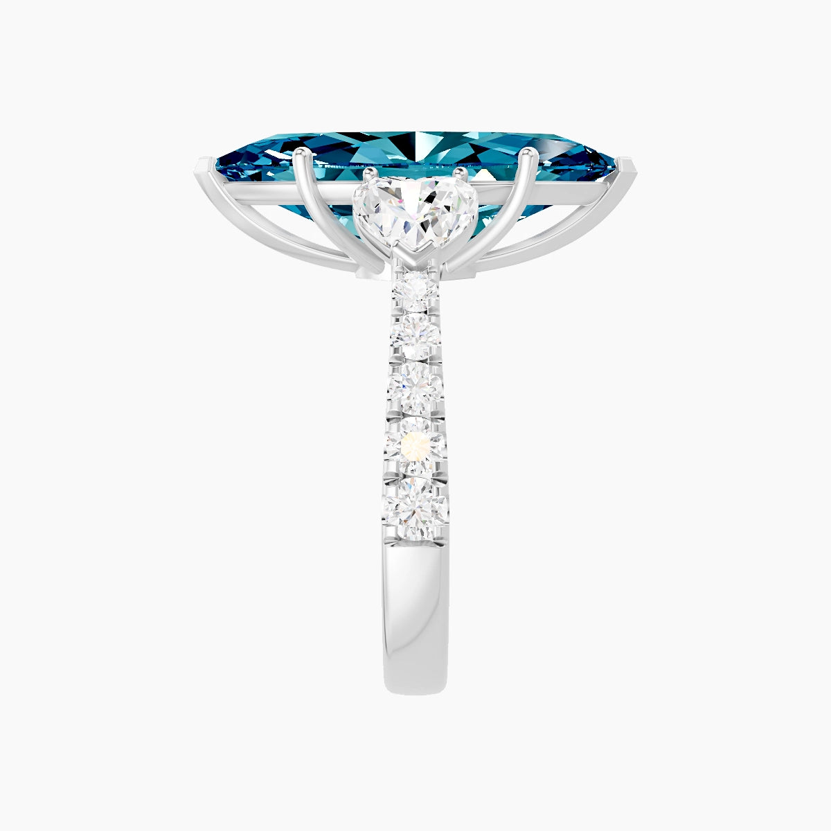 Classic Heart Trilogy with Reverse Shank | 18k White Gold 5 ct Marquise Blue Lab Diamond Ring