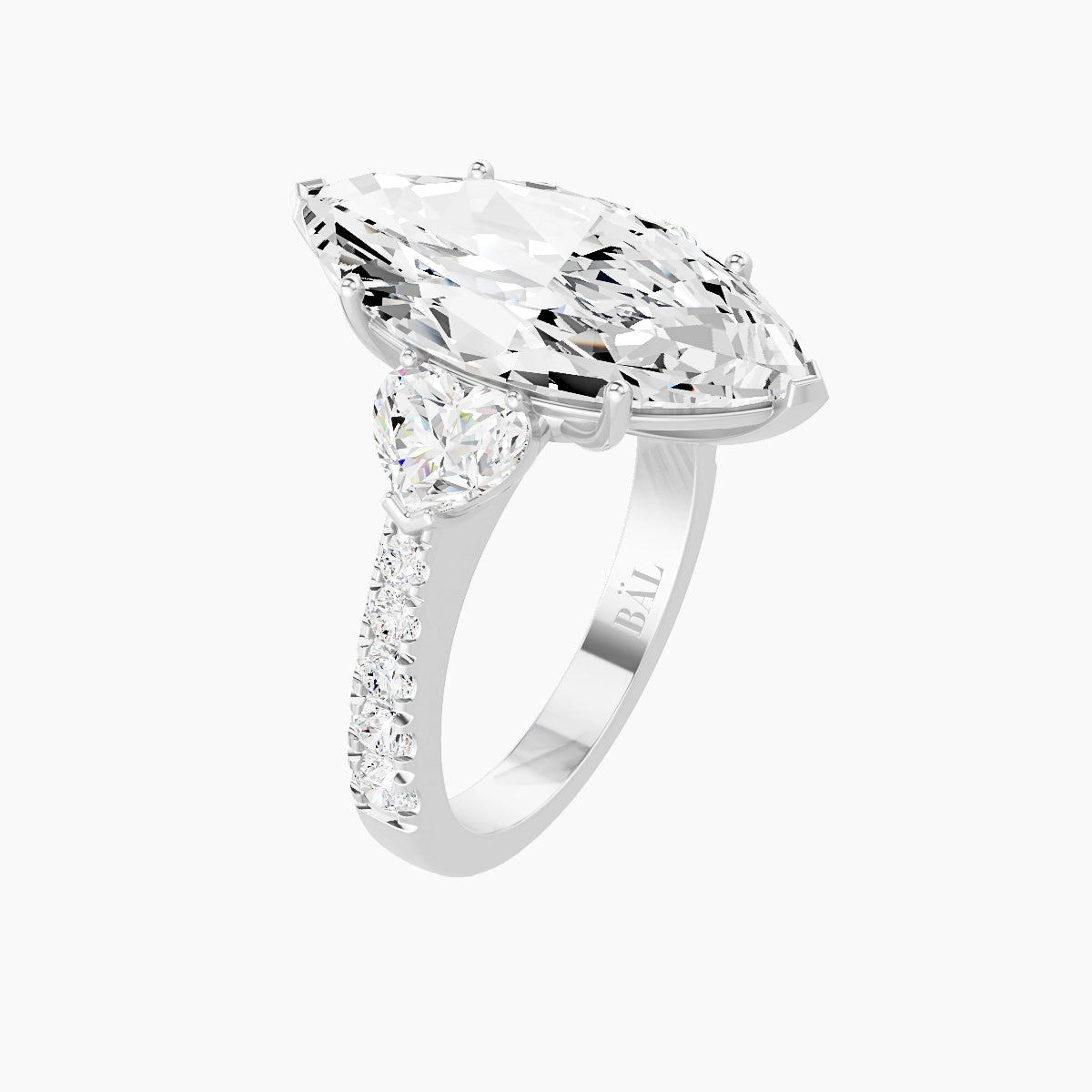 Classic Heart Trilogy with Reverse Shank | 18k White Gold 5 ct Marquise White Lab Diamond Ring