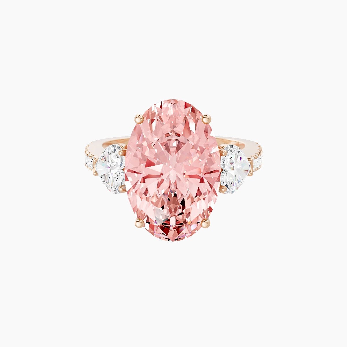 Classic Heart Trilogy with Reverse Shank | 18k Rose Gold 5 ct Oval Pink Lab Diamond Ring