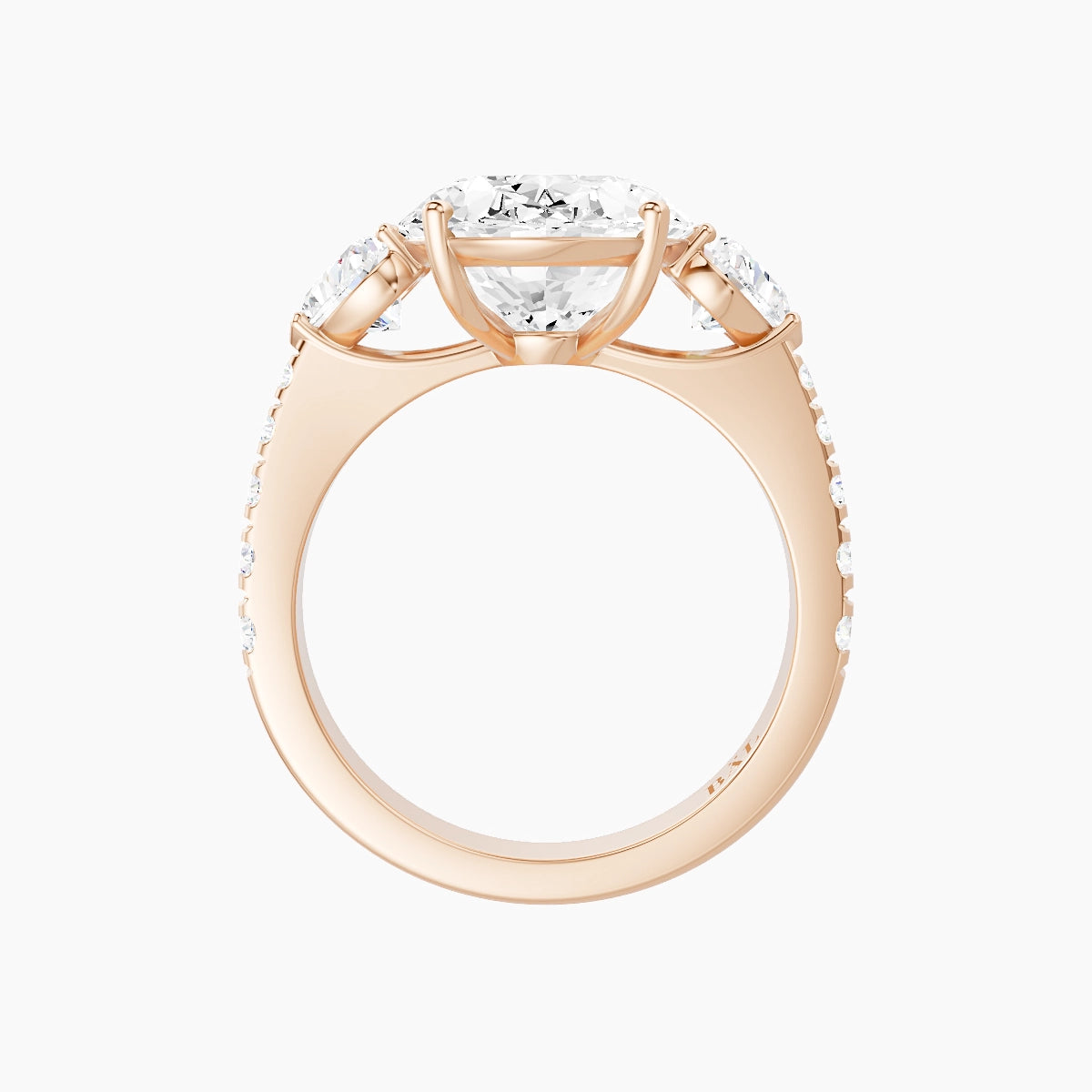 Classic Heart Trilogy with Reverse Shank | 18k Rose Gold 5 ct Oval White Lab Diamond Ring