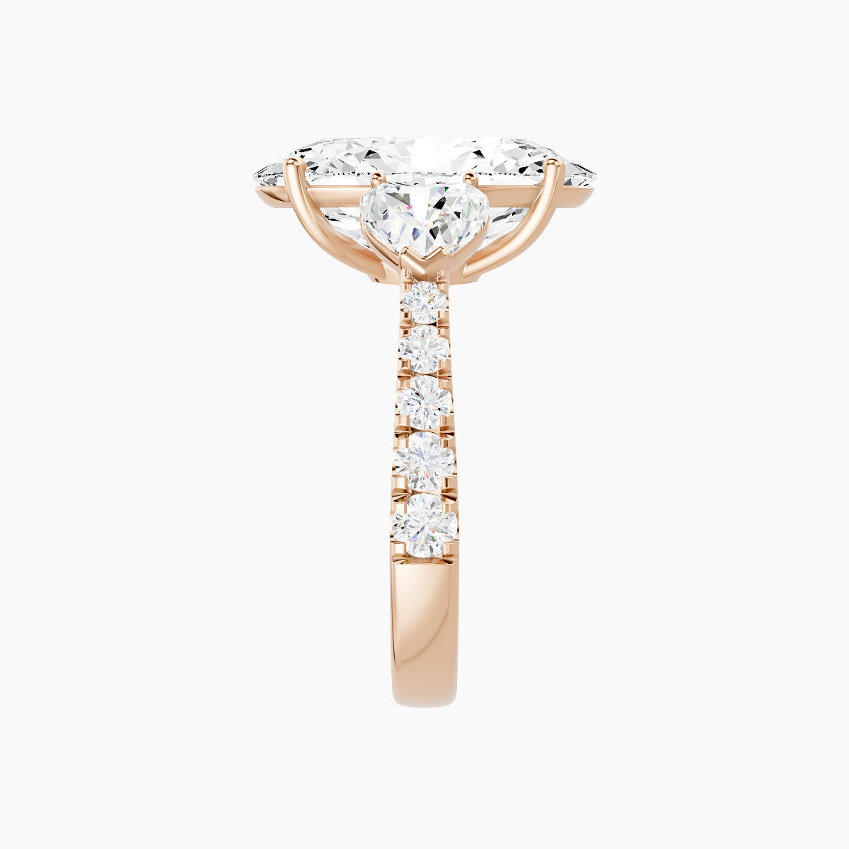 Classic Heart Trilogy with Reverse Shank | 18k Rose Gold 5 ct Oval White Lab Diamond Ring