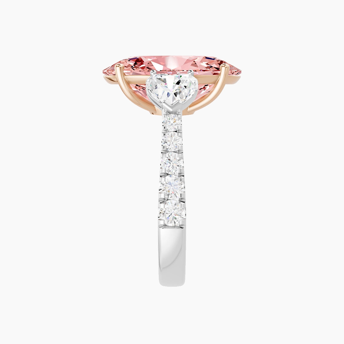 Classic Heart Trilogy with Reverse Shank | 18k White & Rose Gold 5 ct Oval Pink Lab Diamond Ring