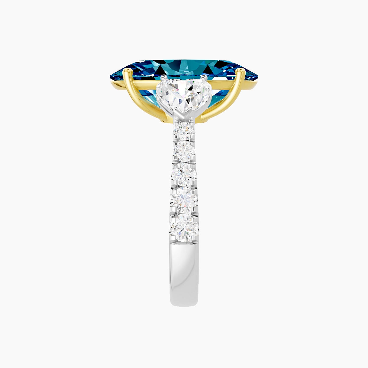 Classic Heart Trilogy with Reverse Shank | 18k White & Yellow Gold 5 ct Oval Blue Lab Diamond Ring