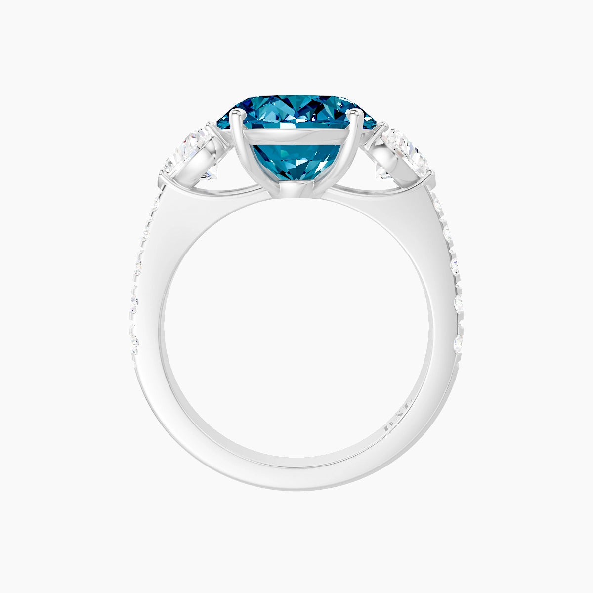 Classic Heart Trilogy with Reverse Shank | 18k White Gold 5 ct Oval Blue Lab Diamond Ring