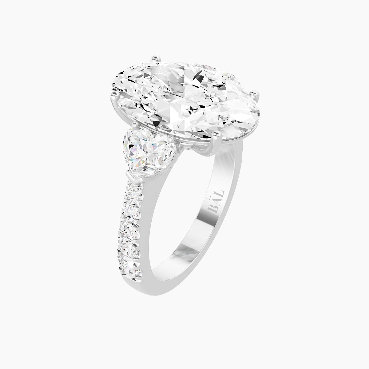 Classic Heart Trilogy with Reverse Shank | 18k White Gold 5 ct Oval White Lab Diamond Ring