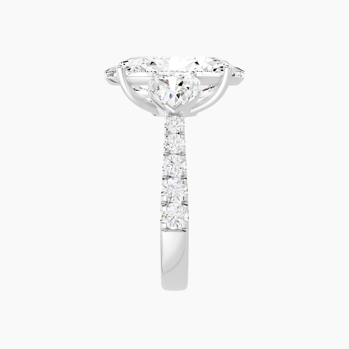 Classic Heart Trilogy with Reverse Shank | 18k White Gold 5 ct Oval White Lab Diamond Ring