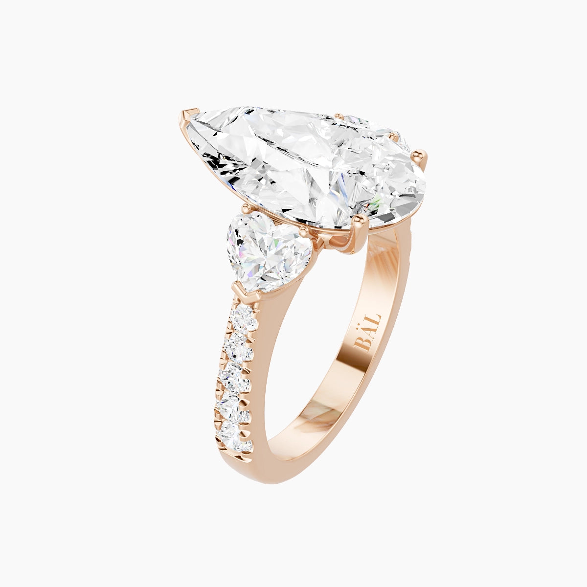 Classic Heart Trilogy with Reverse Shank | 18k Rose Gold 5 ct Pear White Lab Diamond Ring