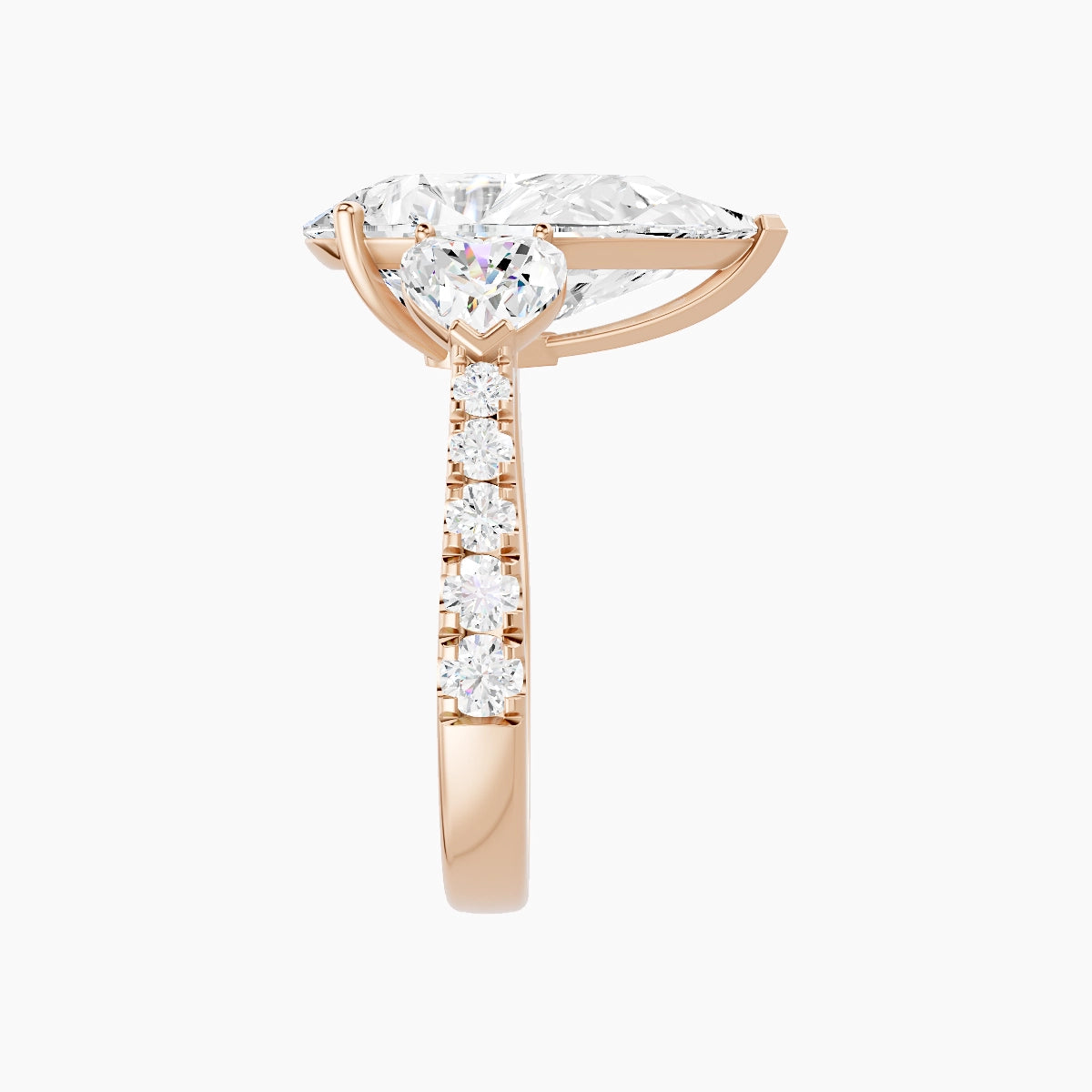 Classic Heart Trilogy with Reverse Shank | 18k Rose Gold 5 ct Pear White Lab Diamond Ring