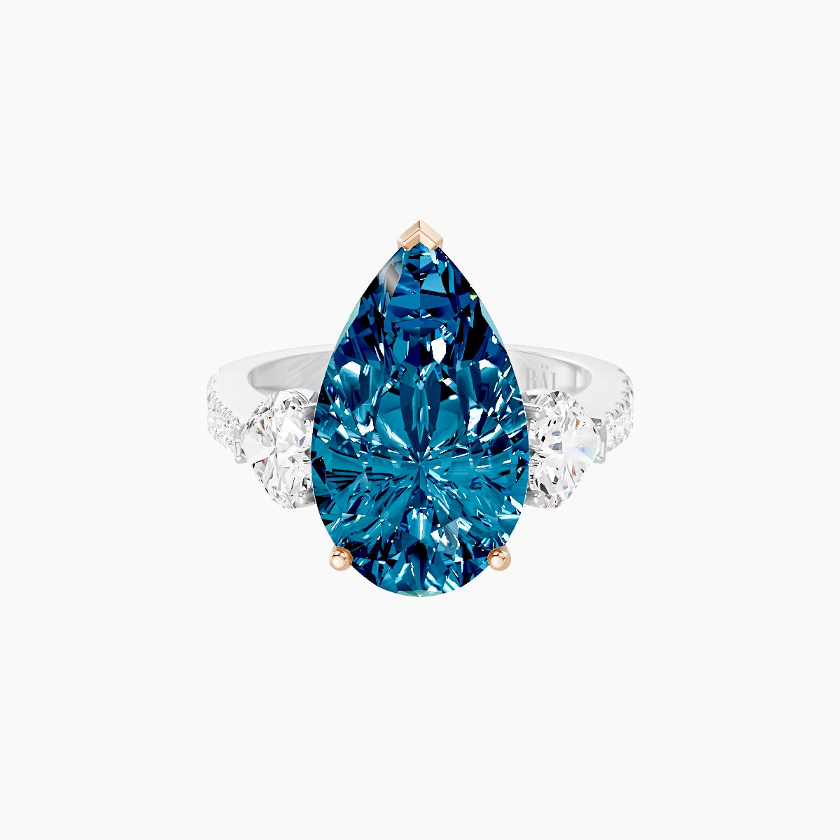 Classic Heart Trilogy with Reverse Shank | 18k White & Rose Gold 5 ct Pear Blue Lab Diamond Ring