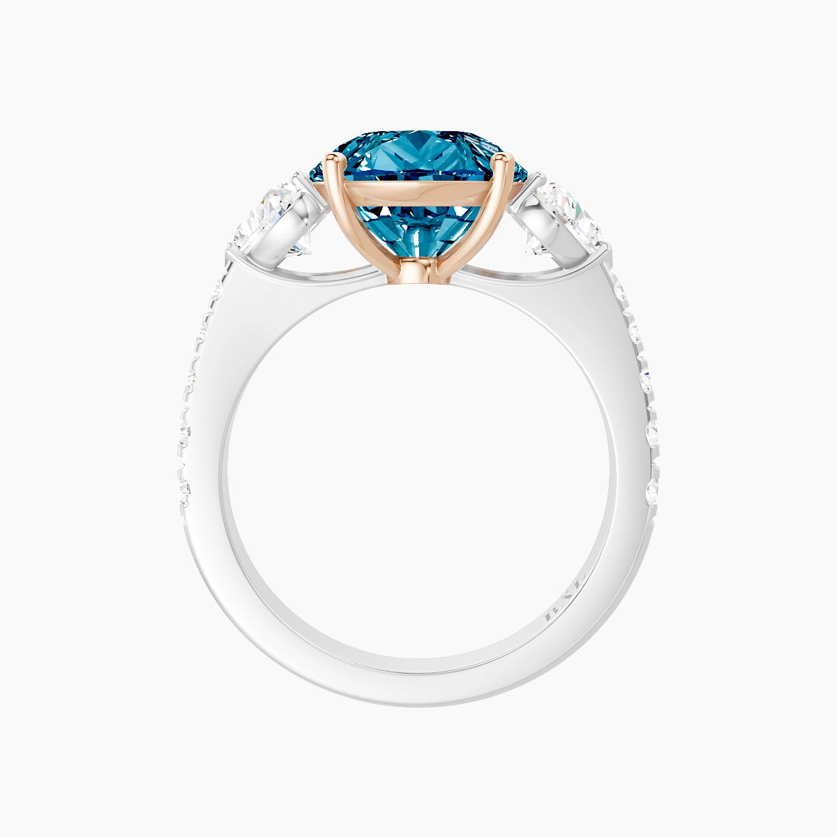 Classic Heart Trilogy with Reverse Shank | 18k White & Rose Gold 5 ct Pear Blue Lab Diamond Ring
