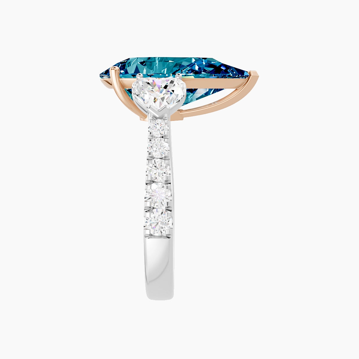 Classic Heart Trilogy with Reverse Shank | 18k White & Rose Gold 5 ct Pear Blue Lab Diamond Ring