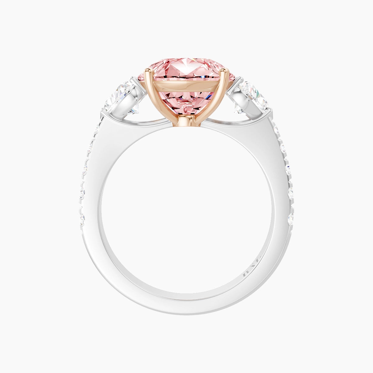 Classic Heart Trilogy with Reverse Shank | 18k White & Rose Gold 5 ct Pear Pink Lab Diamond Ring