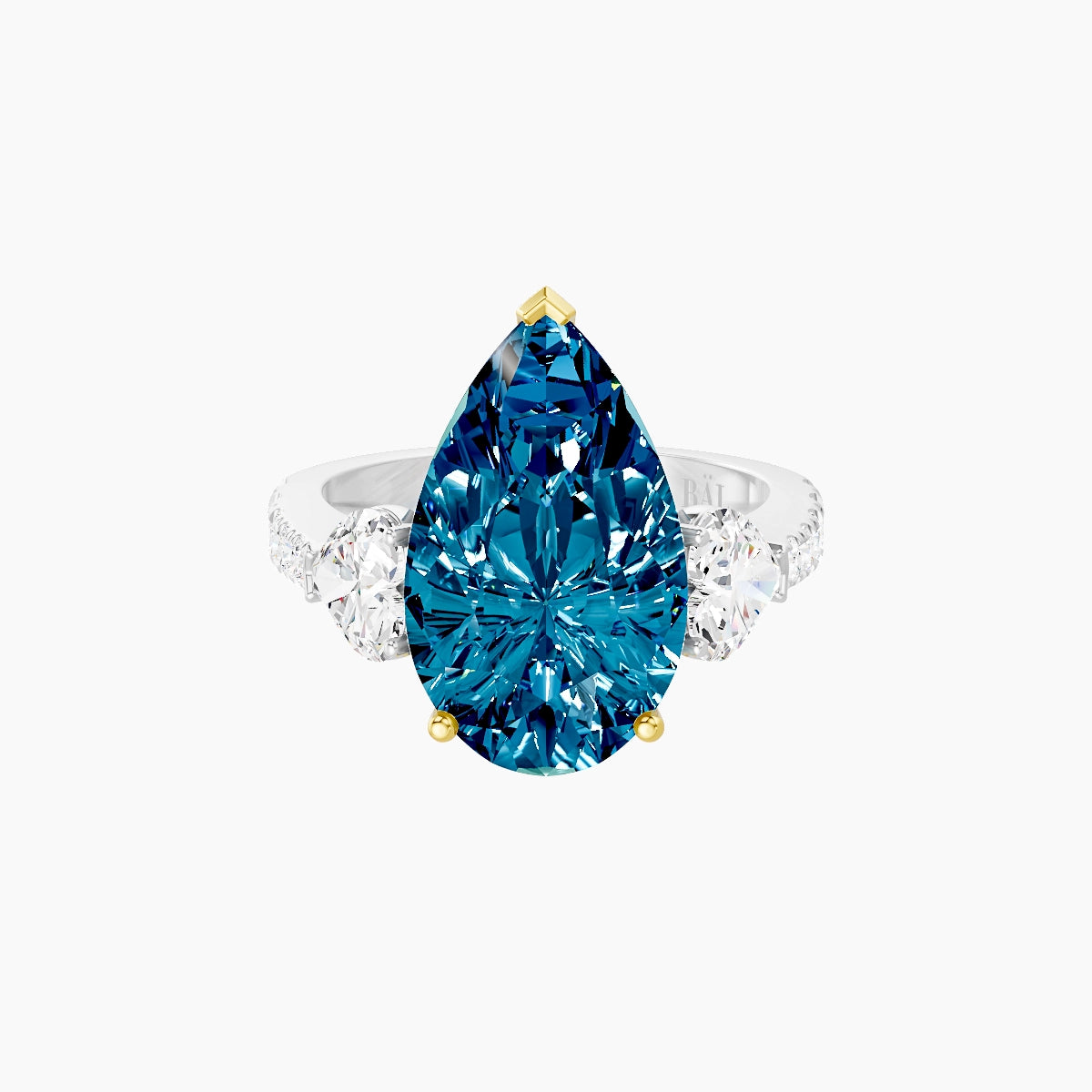 Classic Heart Trilogy with Reverse Shank | 18k White & Yellow Gold 5 ct Pear Blue Lab Diamond Ring