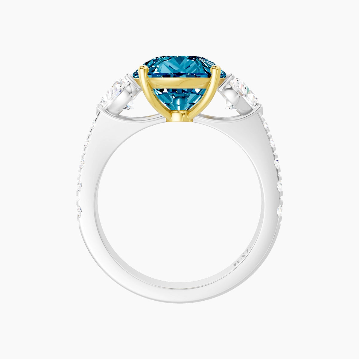 Classic Heart Trilogy with Reverse Shank | 18k White & Yellow Gold 5 ct Pear Blue Lab Diamond Ring