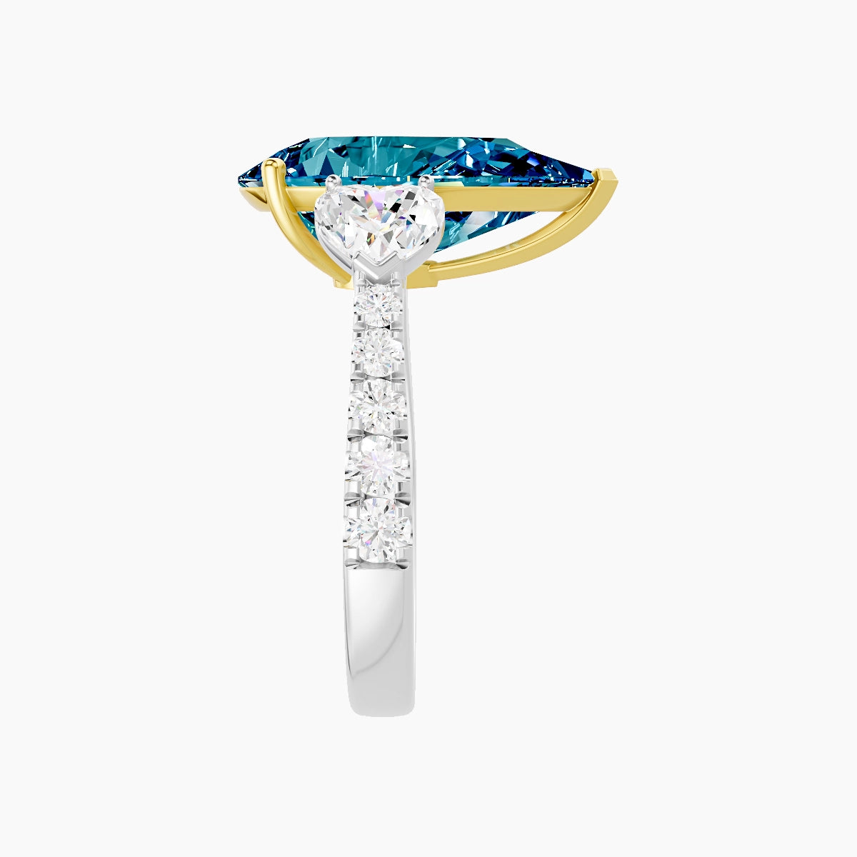 Classic Heart Trilogy with Reverse Shank | 18k White & Yellow Gold 5 ct Pear Blue Lab Diamond Ring